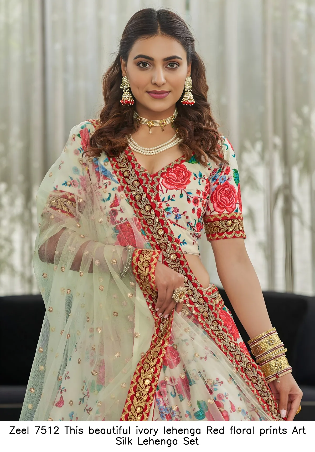 Zeel 7512 This beautiful ivory lehenga Red floral prints Art Silk Lehenga Set — Wholesale Lehenga, Zeel wholesale from Surat - Gallery Image 2