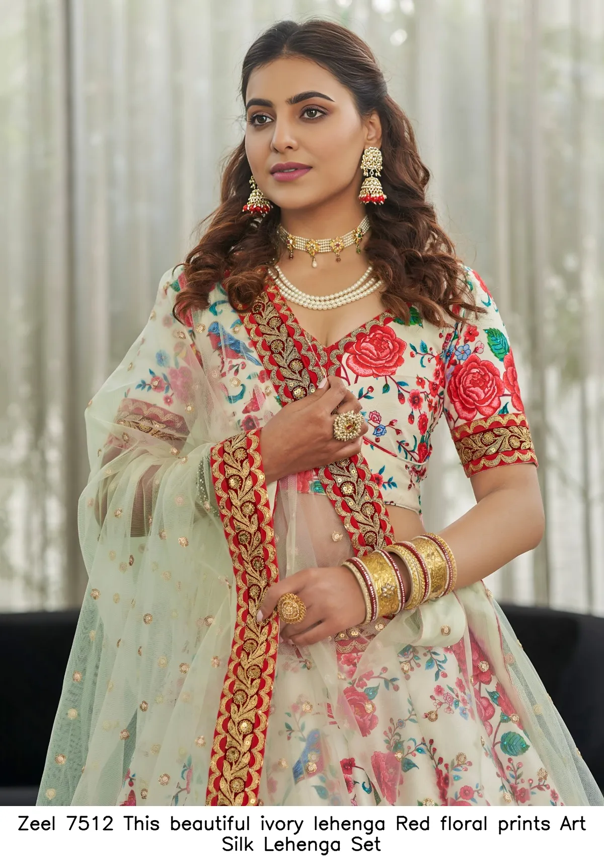 Zeel 7512 This beautiful ivory lehenga Red floral prints Art Silk Lehenga Set — Wholesale Lehenga, Zeel wholesale from Surat - Gallery Image 3
