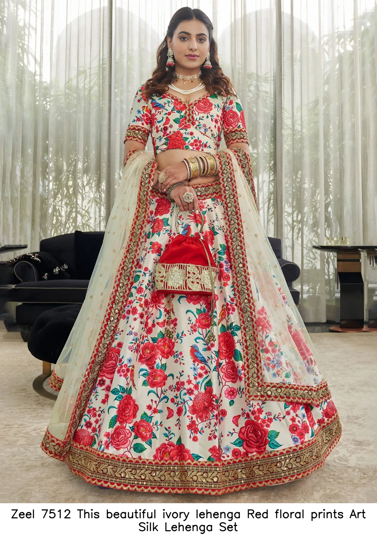 Zeel 7512 This beautiful ivory lehenga  Red floral prints Art Silk Lehenga Set — Wholesale Lehenga, Zeel wholesale from Surat — view 4