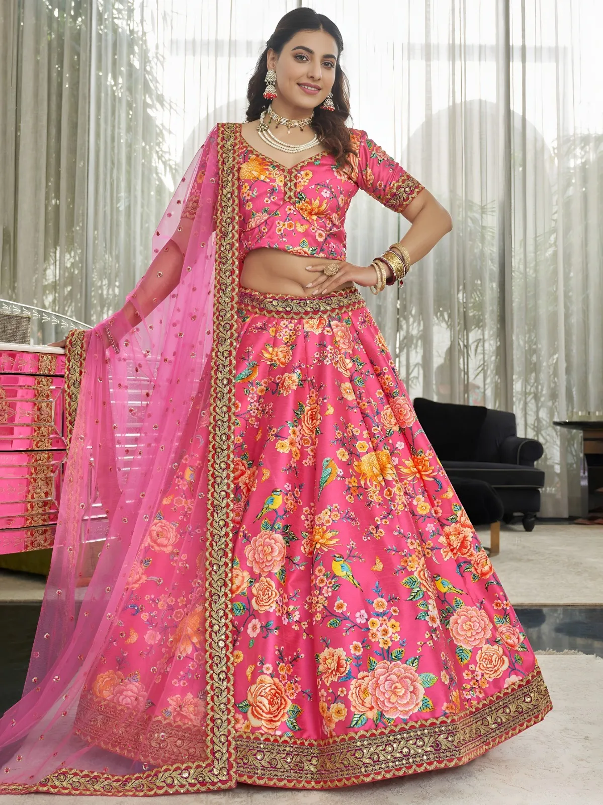 Zeel 7513 This beautiful ivory lehenga  Red floral prints Art Silk Lehenga Set