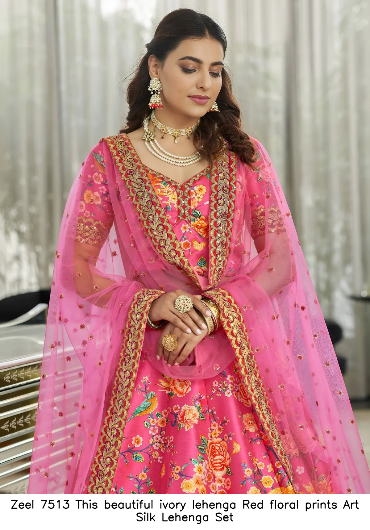 Zeel 7513 This beautiful ivory lehenga Red floral prints Art Silk Lehenga Set — Wholesale Lehenga, Zeel wholesale from Surat - Gallery Image 3