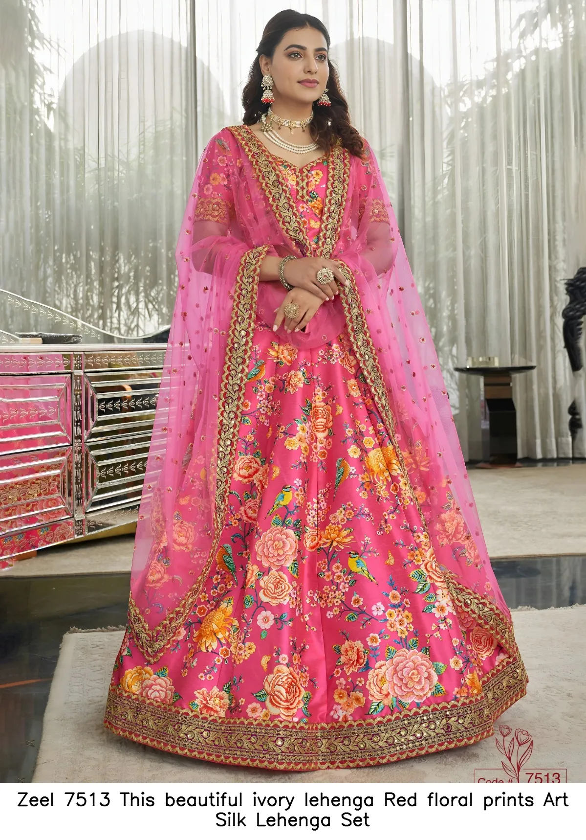 Zeel 7513 This beautiful ivory lehenga  Red floral prints Art Silk Lehenga Set — Wholesale Lehenga, Zeel wholesale from Surat — view 4