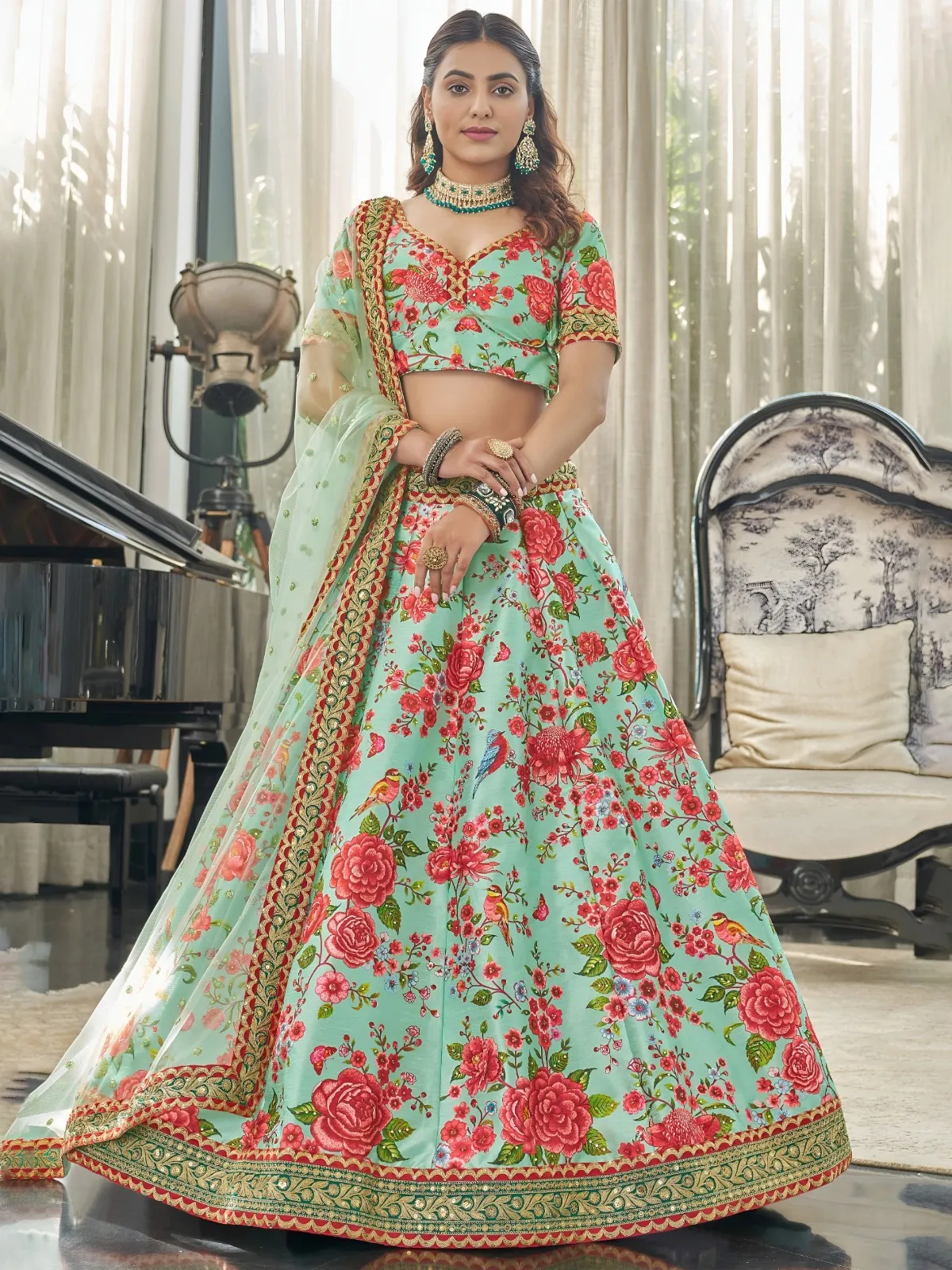 Zeel 7514 This beautiful ivory lehenga  Red floral prints Art Silk Lehenga Set