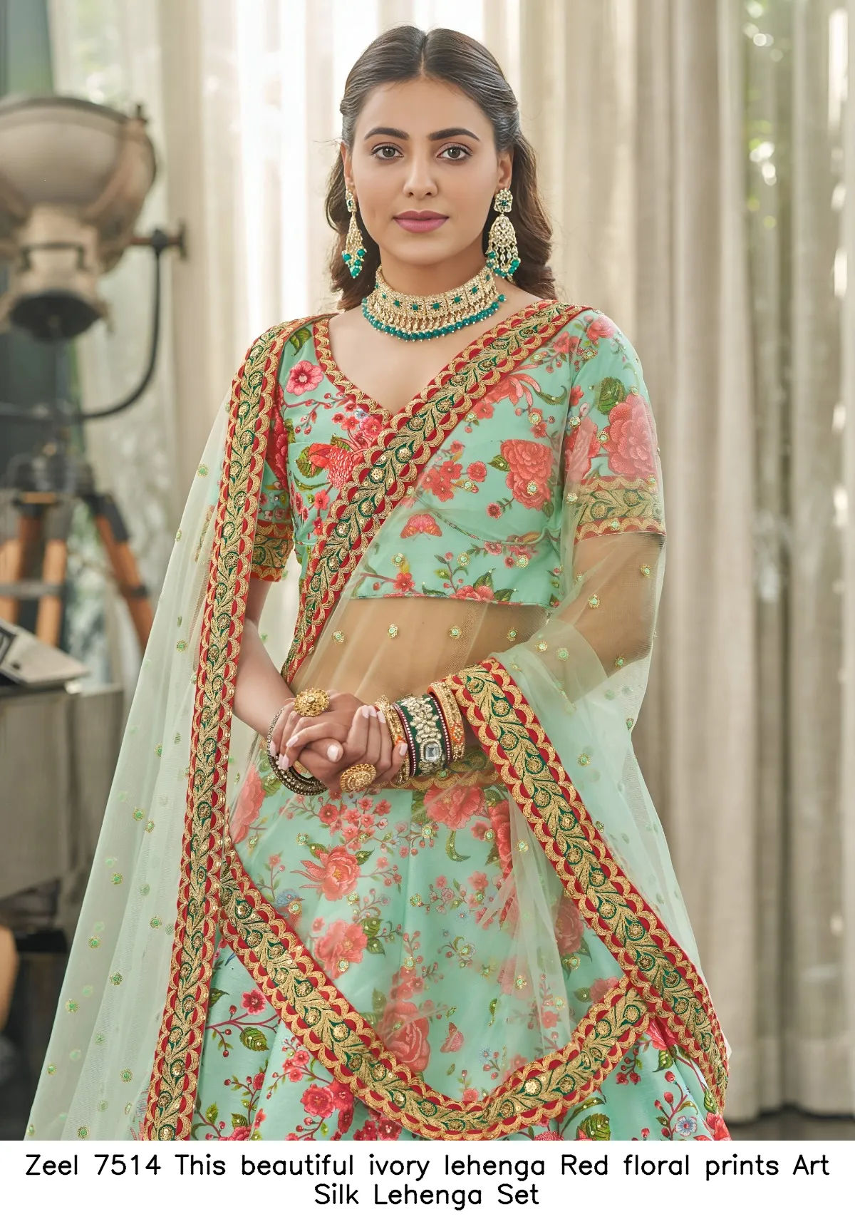Zeel 7514 This beautiful ivory lehenga Red floral prints Art Silk Lehenga Set — Wholesale Lehenga, Zeel wholesale from Surat - Gallery Image 2