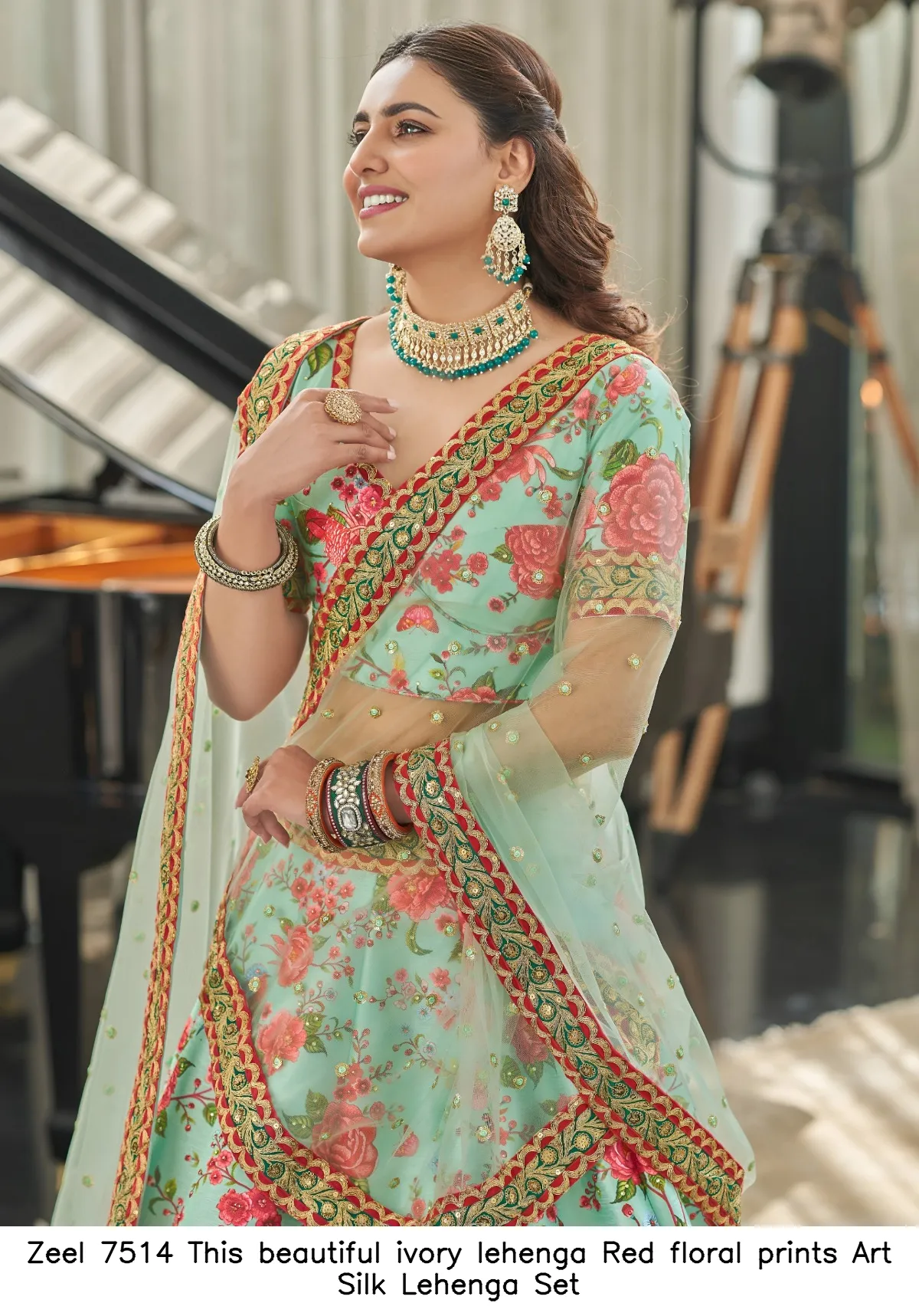 Zeel 7514 This beautiful ivory lehenga Red floral prints Art Silk Lehenga Set — Wholesale Lehenga, Zeel wholesale from Surat - Gallery Image 3