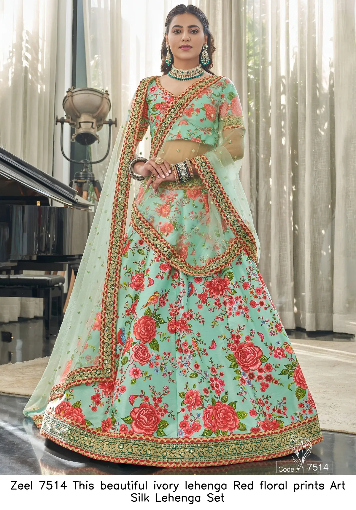 Zeel 7514 This beautiful ivory lehenga  Red floral prints Art Silk Lehenga Set — Wholesale Lehenga, Zeel wholesale from Surat — view 4