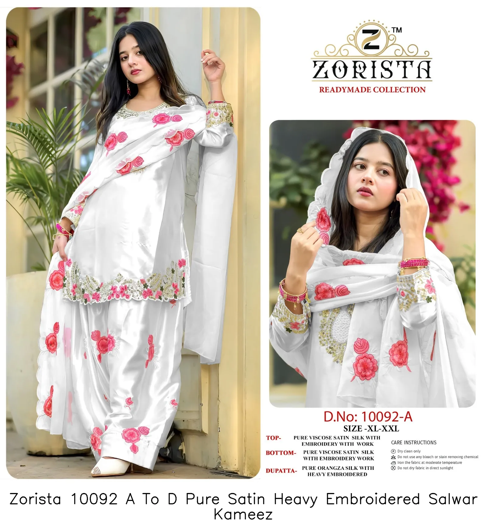 Zorista 10092 A To D Pure Satin Heavy Embroidered Salwar Kameez — Wholesale Readymade Pakistani Suits, Zorista wholesale from Surat — view 2