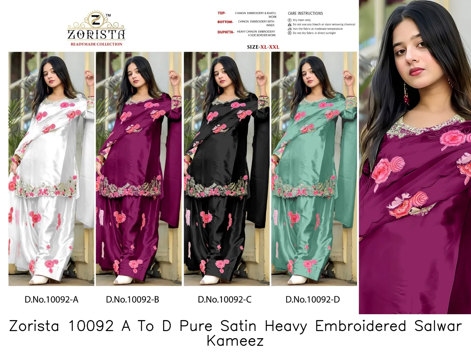 Zorista 10092 A To D Pure Satin Heavy Embroidered Salwar Kameez — Wholesale Readymade Pakistani Suits, Zorista wholesale from Surat — view 3
