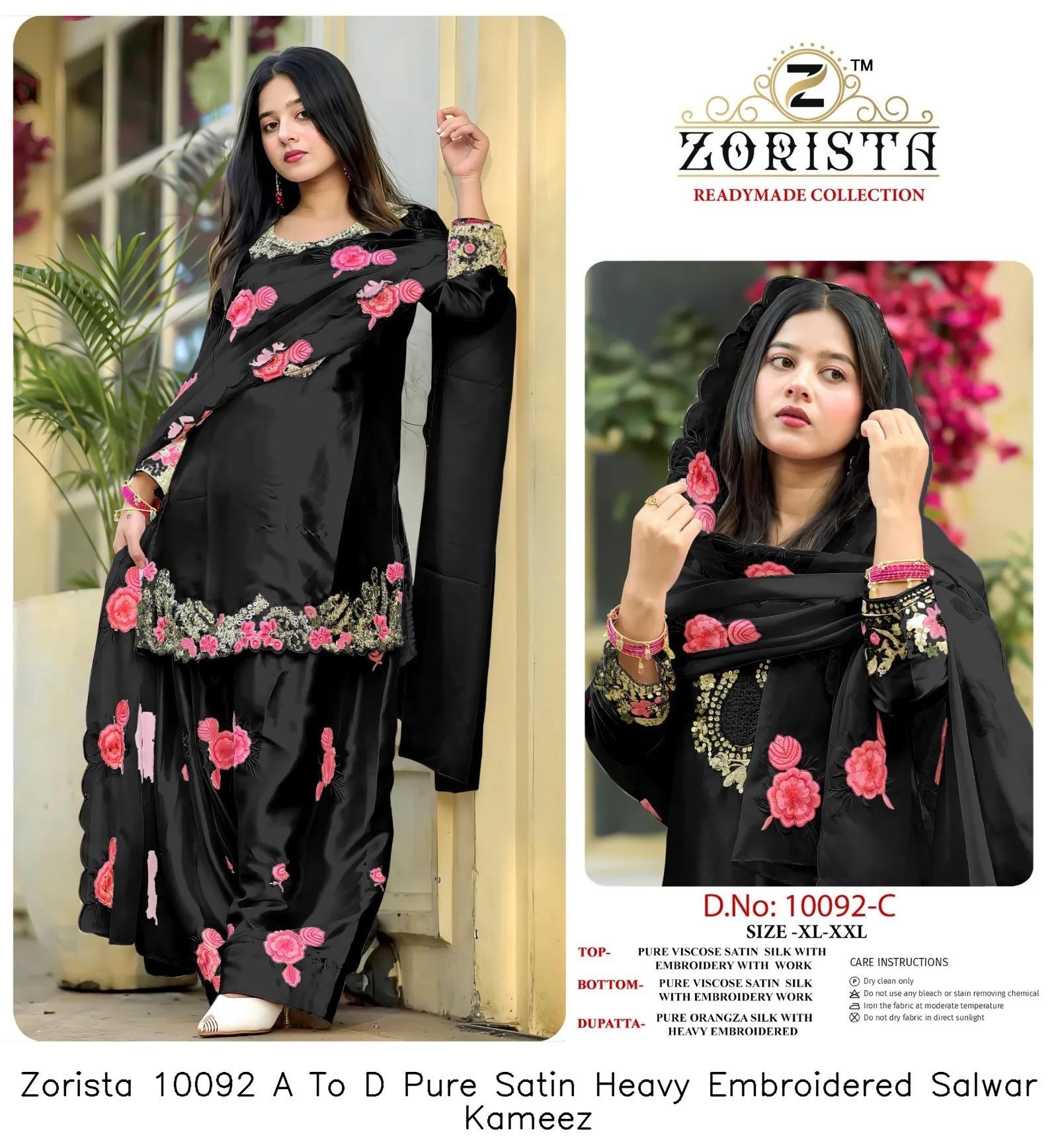 Zorista 10092 A To D Pure Satin Heavy Embroidered Salwar Kameez — Wholesale Readymade Pakistani Suits, Zorista wholesale from Surat — view 4