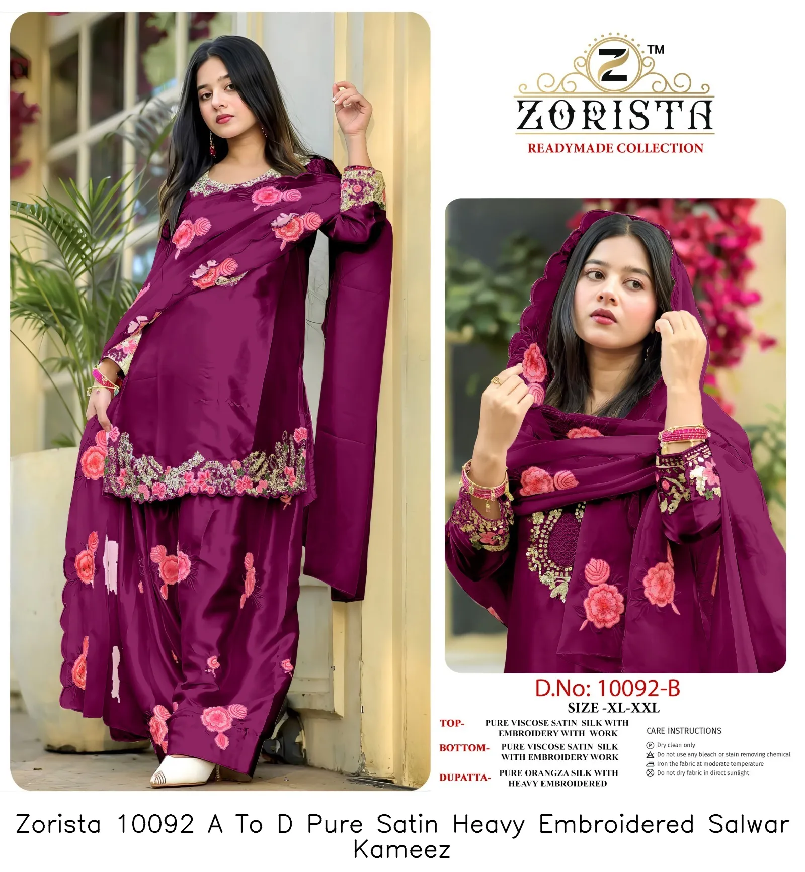 Zorista 10092 A To D Pure Satin Heavy Embroidered Salwar Kameez — Wholesale Readymade Pakistani Suits, Zorista wholesale from Surat — view 5