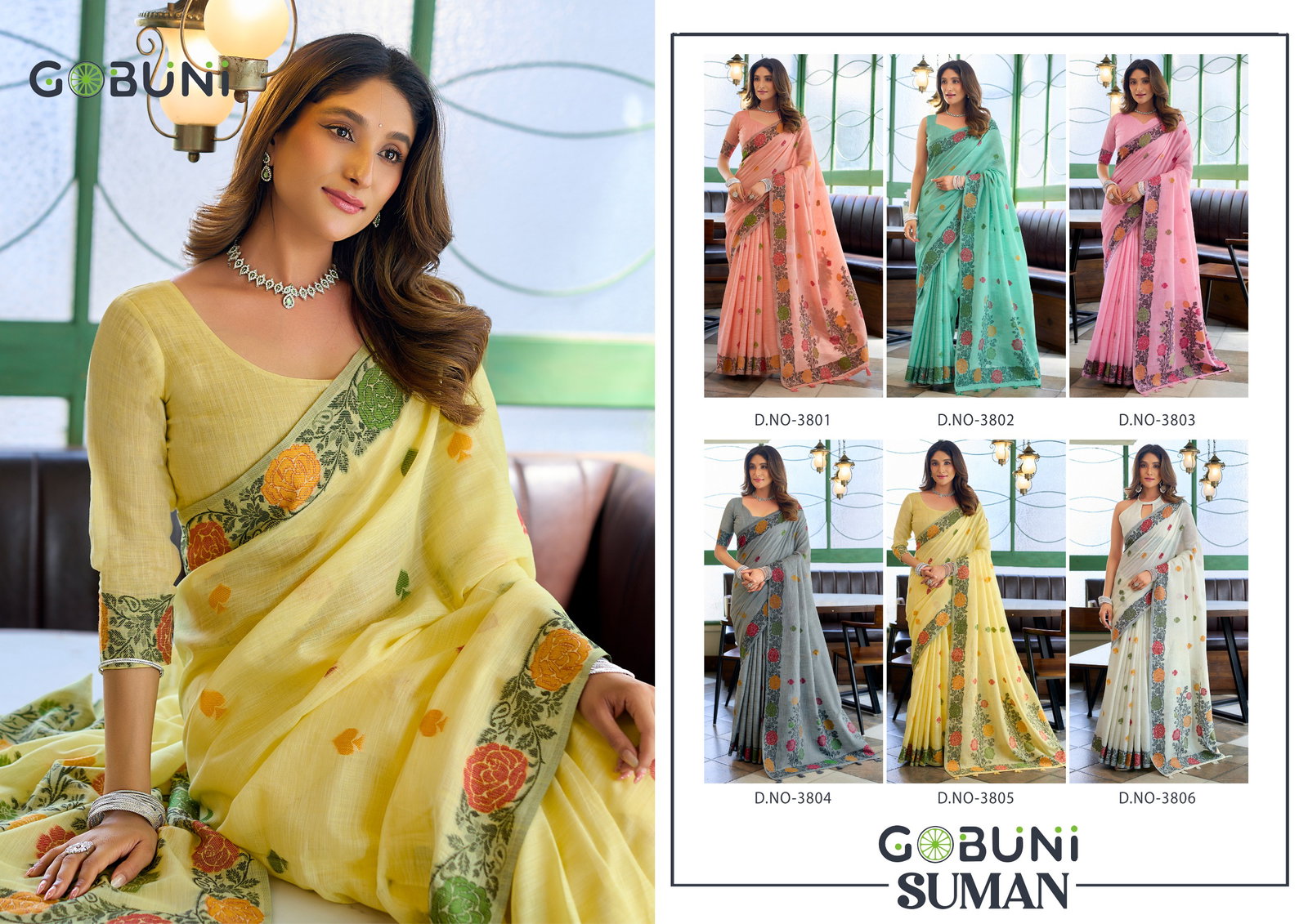 Gobuni Suman Linen Jacquard Handloom Saree Collection — Wholesale Sarees, Gobuni wholesale from Surat — view 3