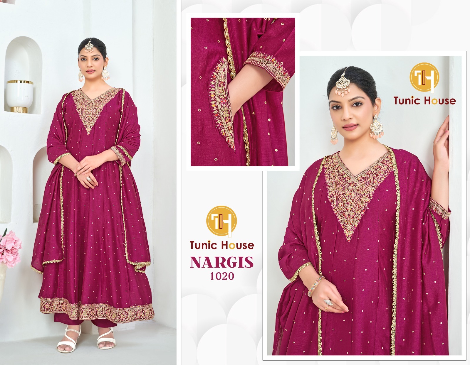 Tunic House Nargis Vichitra Silk Anarkali Readymade Salwar Suit — Wholesale Anarkali Kurti, Tunic House wholesale from Surat — view 2