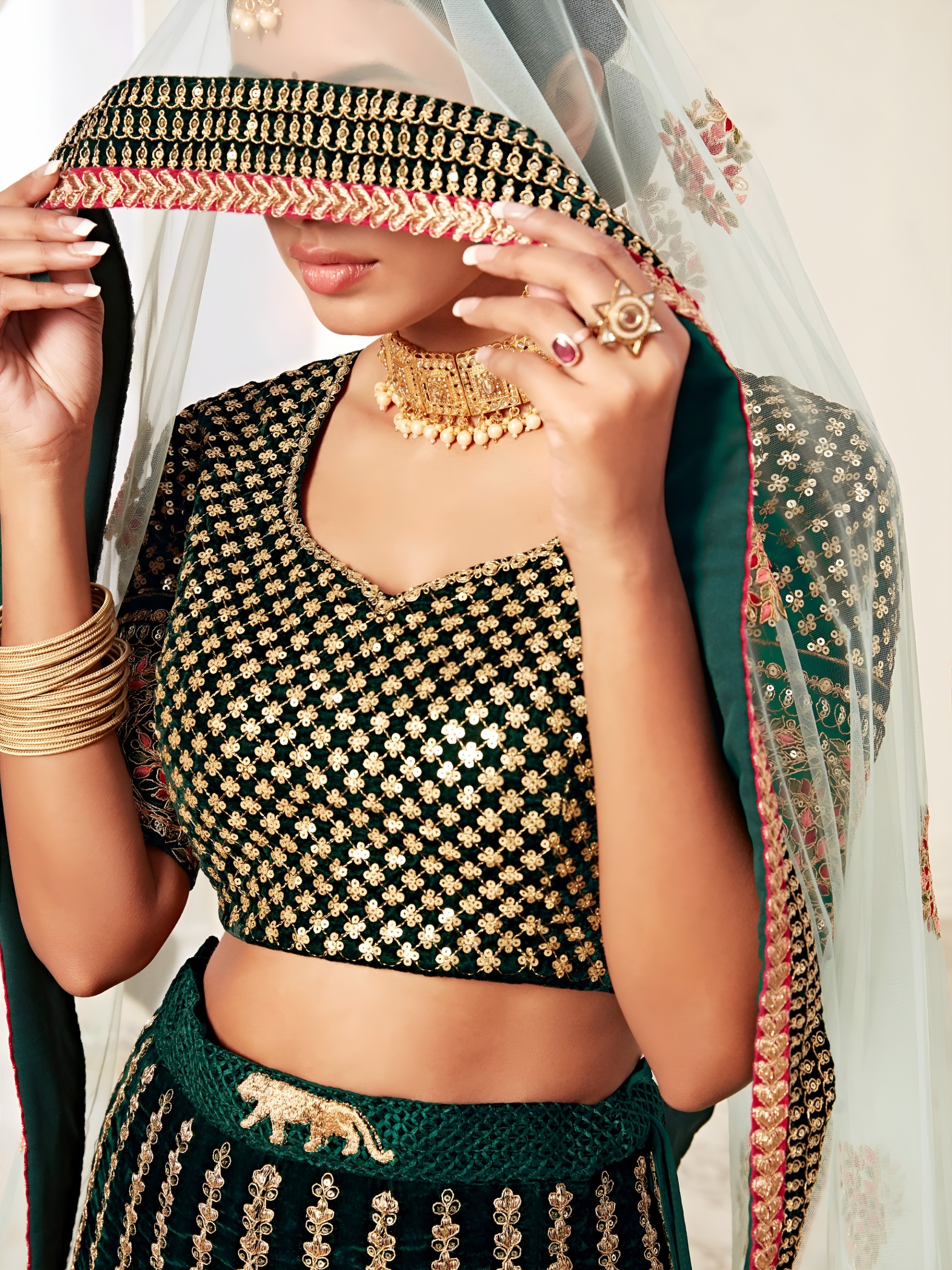 Emerald Green Velvet Bridal with Zari &amp; Diamond Work Wedding Lehenga Set — Wholesale Lehenga, Zeel wholesale from Surat — view 2