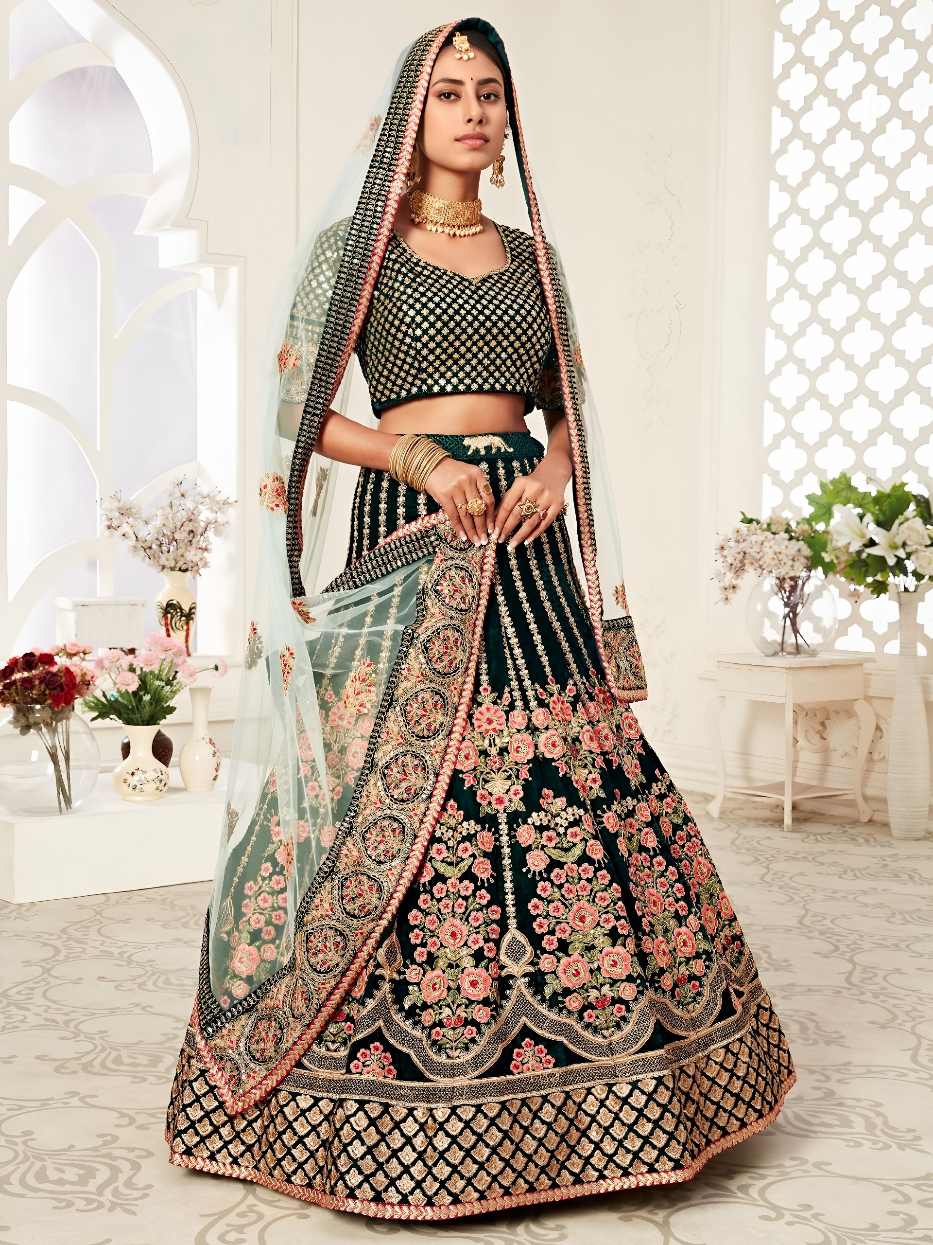 Emerald Green Velvet Bridal with Zari &amp; Diamond Work Wedding Lehenga Set — Wholesale Lehenga, Zeel wholesale from Surat — view 5