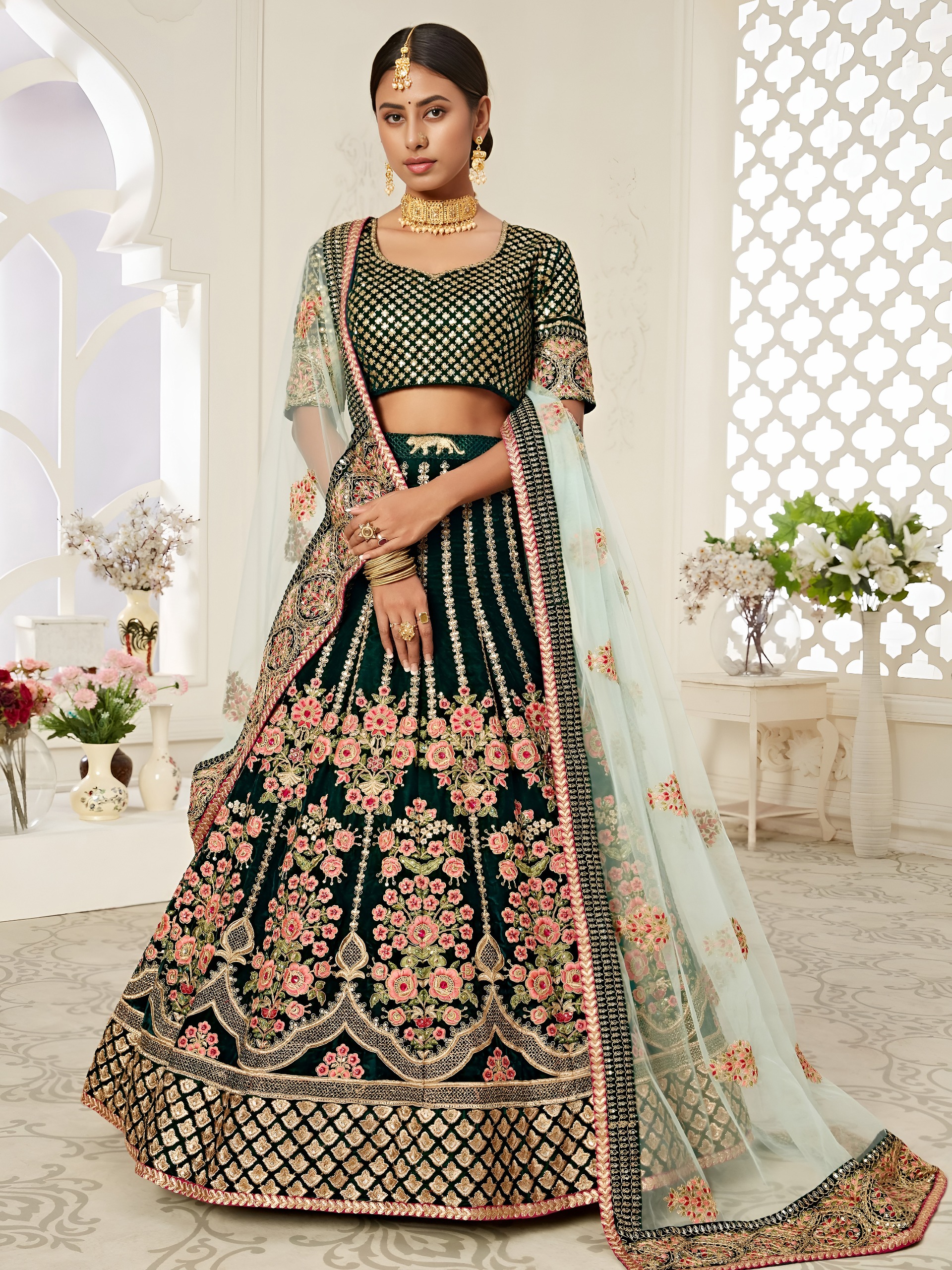 Emerald Green Velvet Bridal with Zari & Diamond Work Wedding Lehenga Set