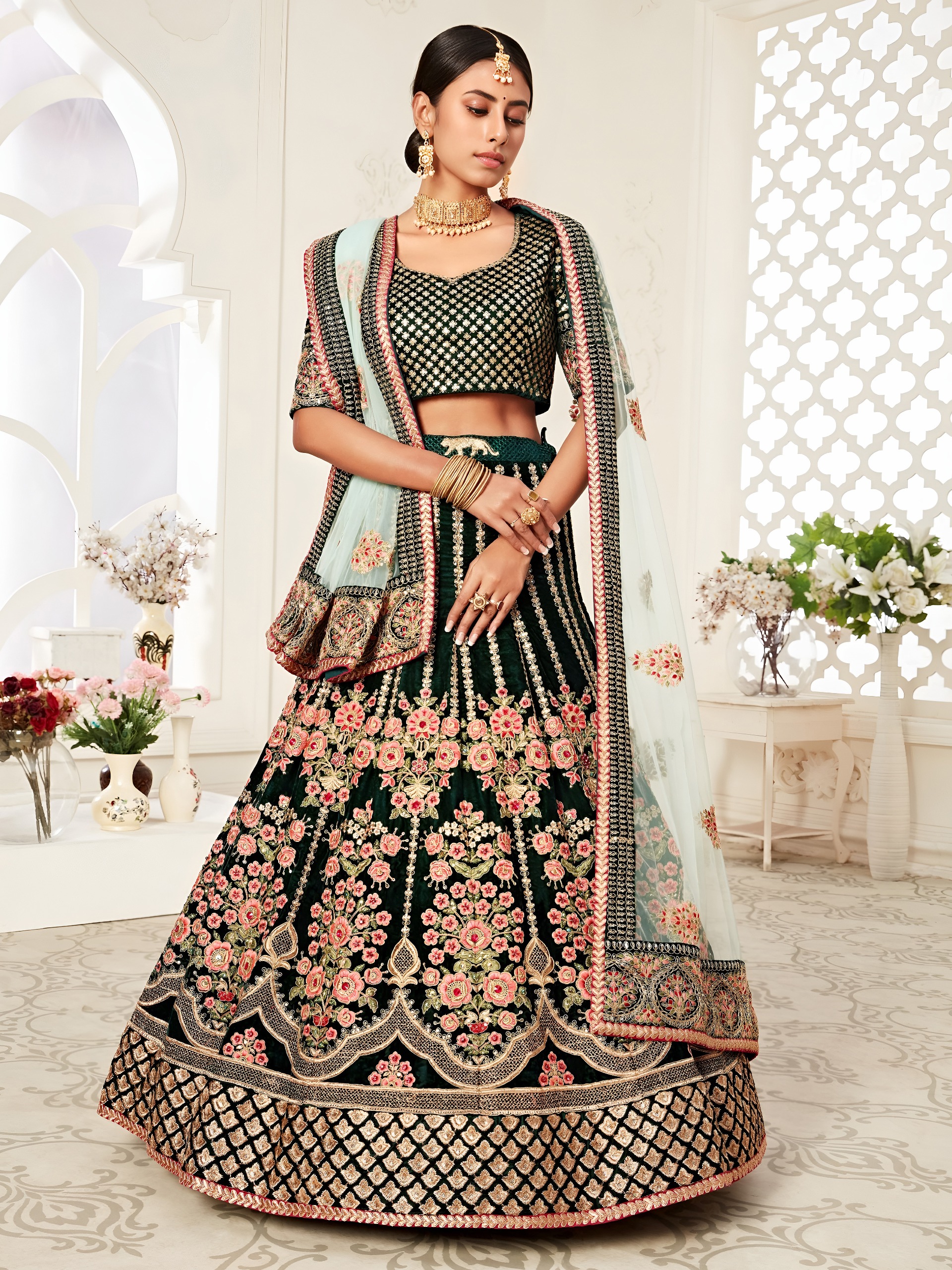 Emerald Green Velvet Bridal with Zari &amp; Diamond Work Wedding Lehenga Set — Wholesale Lehenga, Zeel wholesale from Surat — view 4