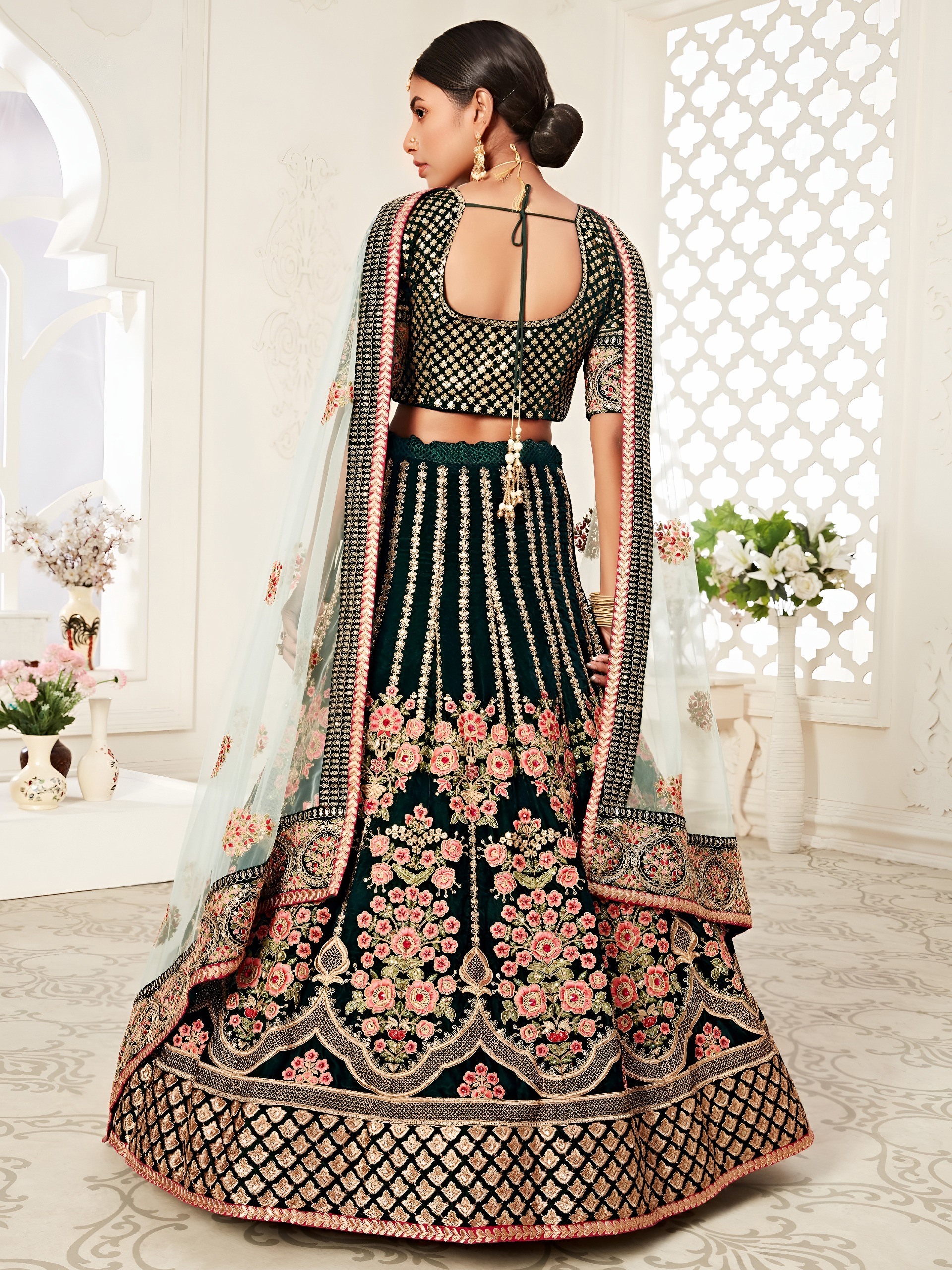 Emerald Green Velvet Bridal with Zari &amp; Diamond Work Wedding Lehenga Set — Wholesale Lehenga, Zeel wholesale from Surat — view 3