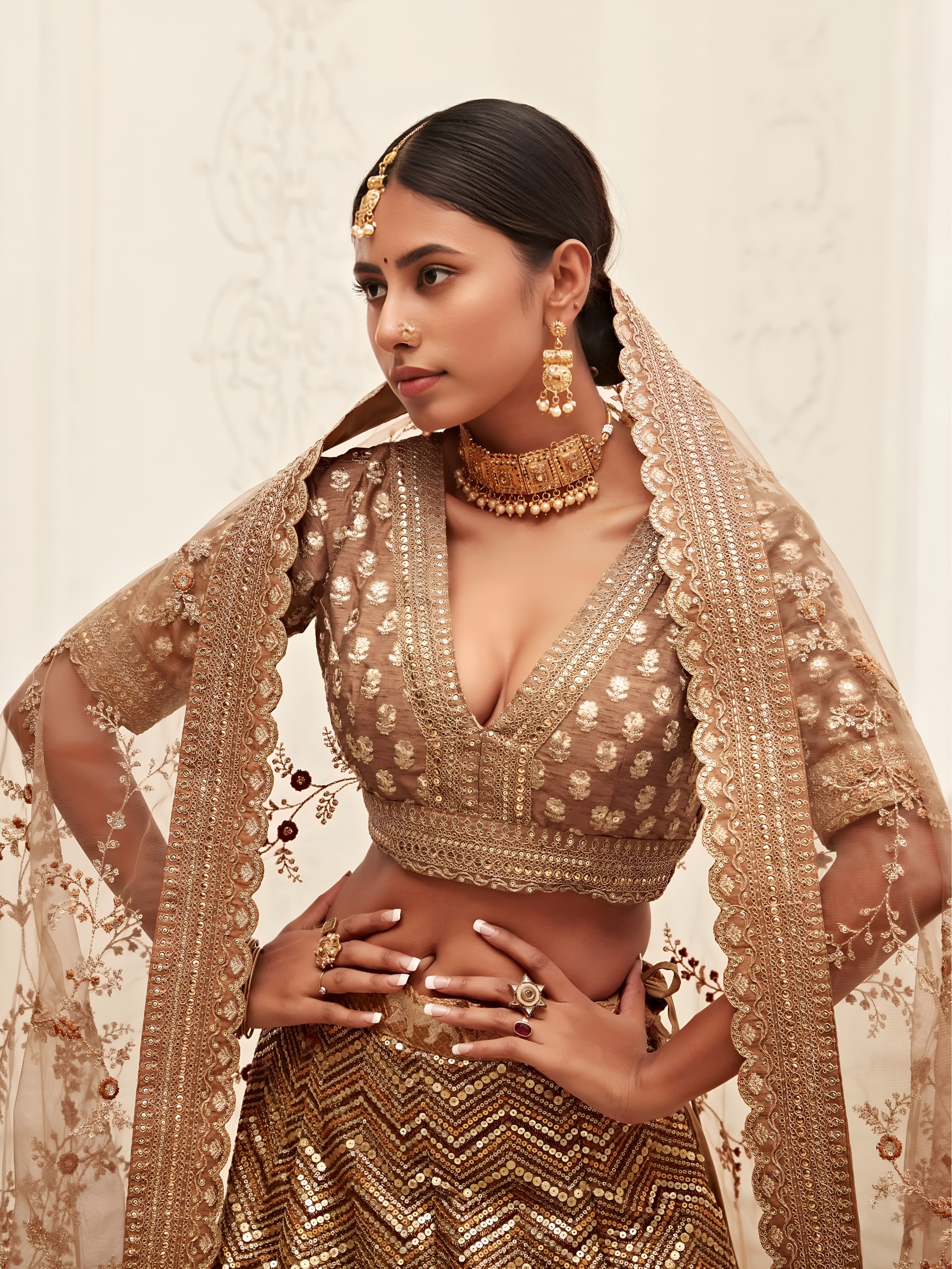 Wedding Champagne Gold Sequin Lehenga with Designer Blouse — Wholesale Lehenga, Zeel wholesale from Surat — view 3