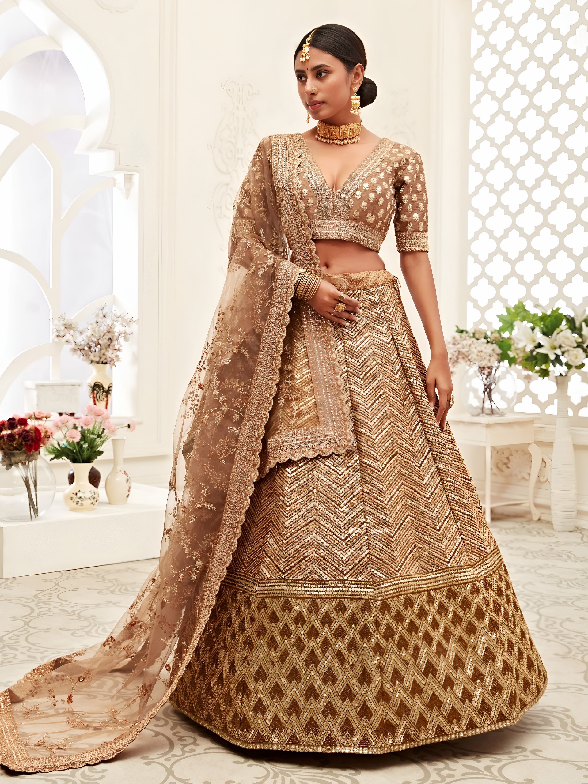 Wedding Champagne Gold Sequin Lehenga with Designer Blouse — Wholesale Lehenga, Zeel wholesale from Surat — view 2