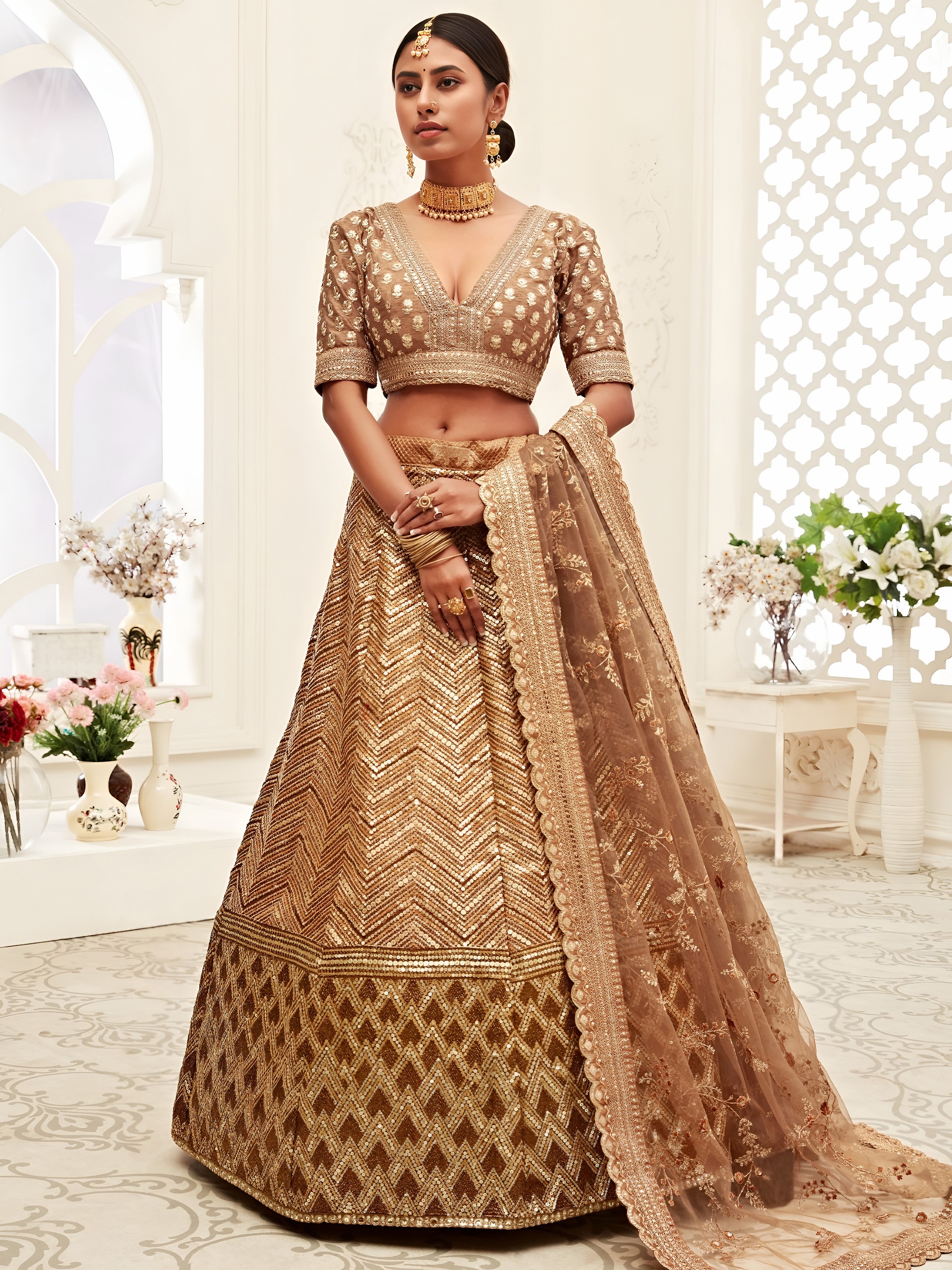 Wedding Champagne Gold Sequin Lehenga with Designer Blouse