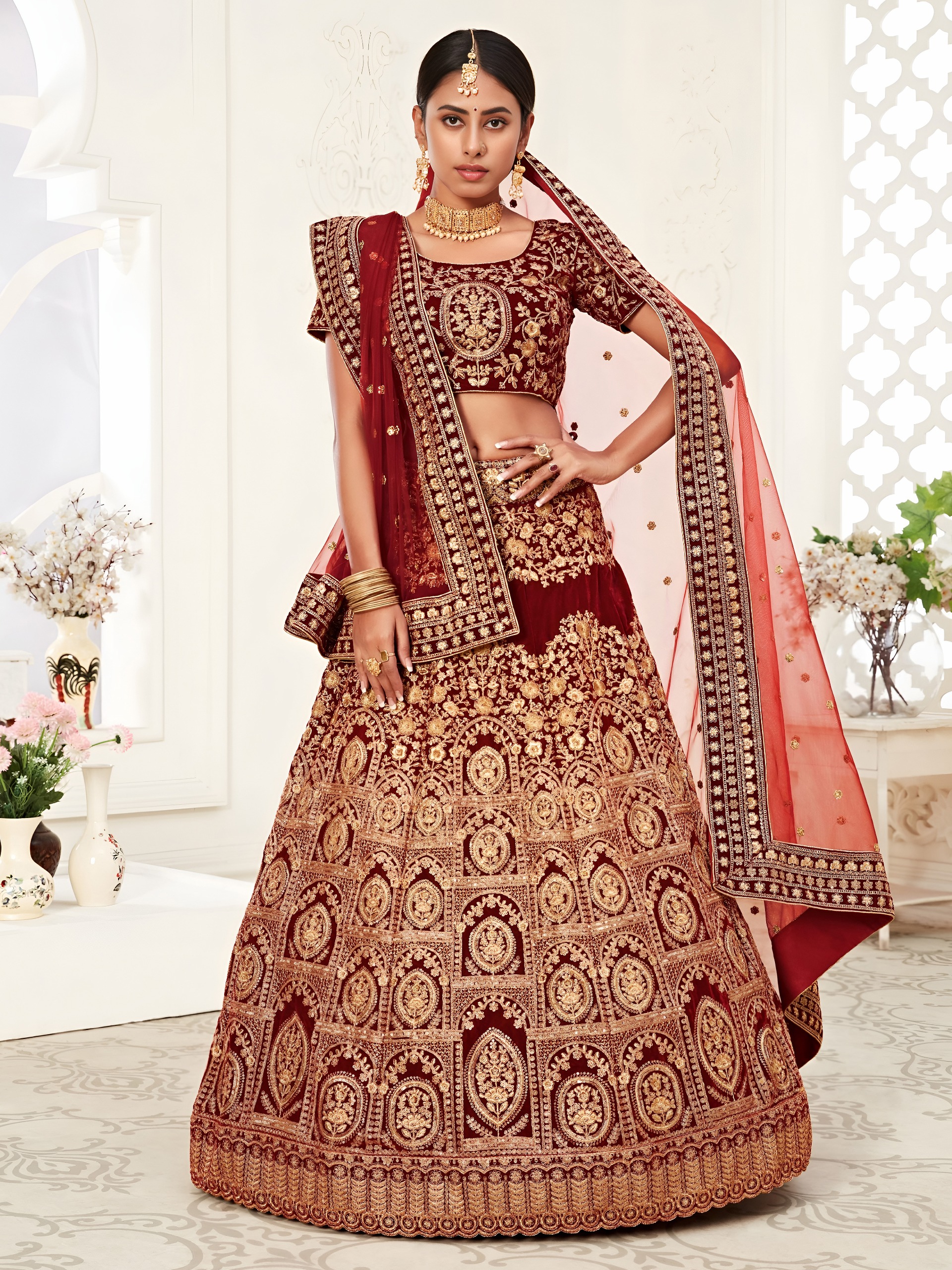 Maroon Velvet with Embroidery Designer Wedding Lehenga Set