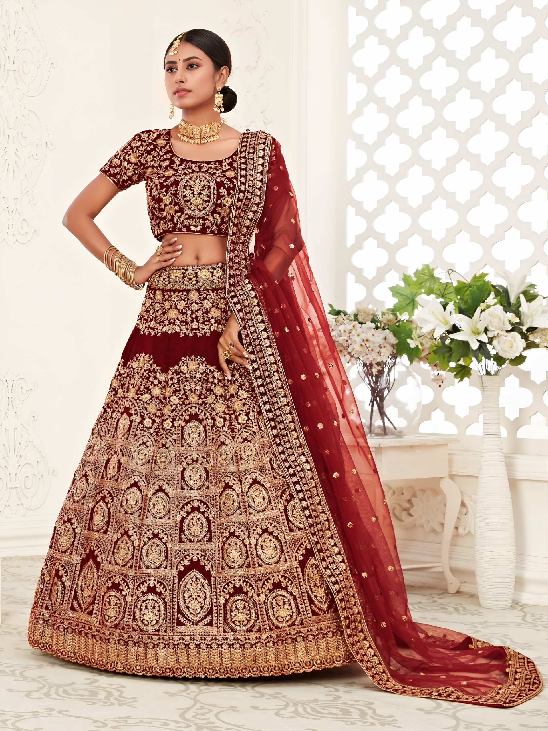 Maroon Velvet with Embroidery Designer Wedding Lehenga Set — Wholesale Lehenga, Zeel wholesale from Surat — view 3