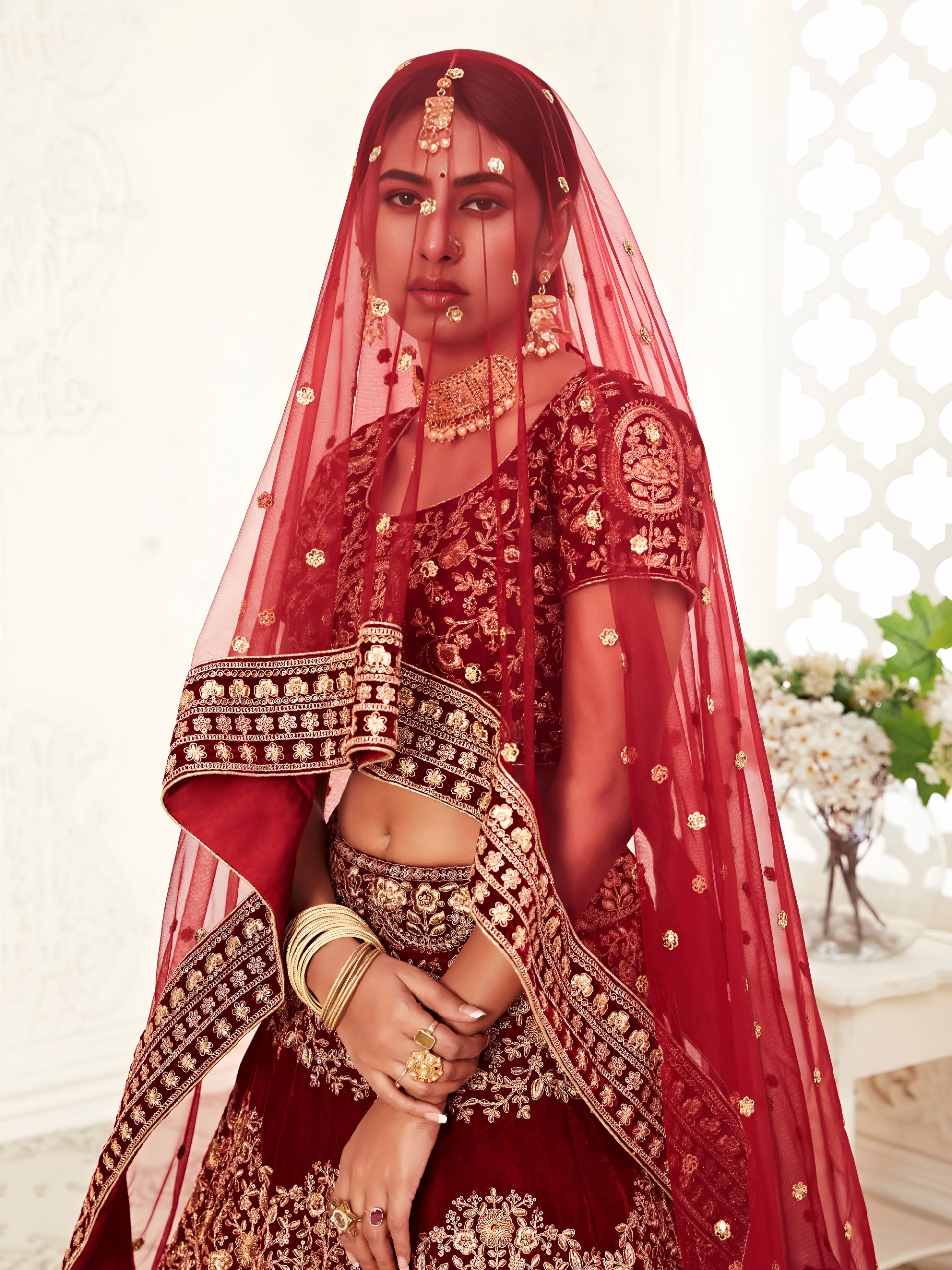 Maroon Velvet with Embroidery Designer Wedding Lehenga Set — Wholesale Lehenga, Zeel wholesale from Surat — view 4