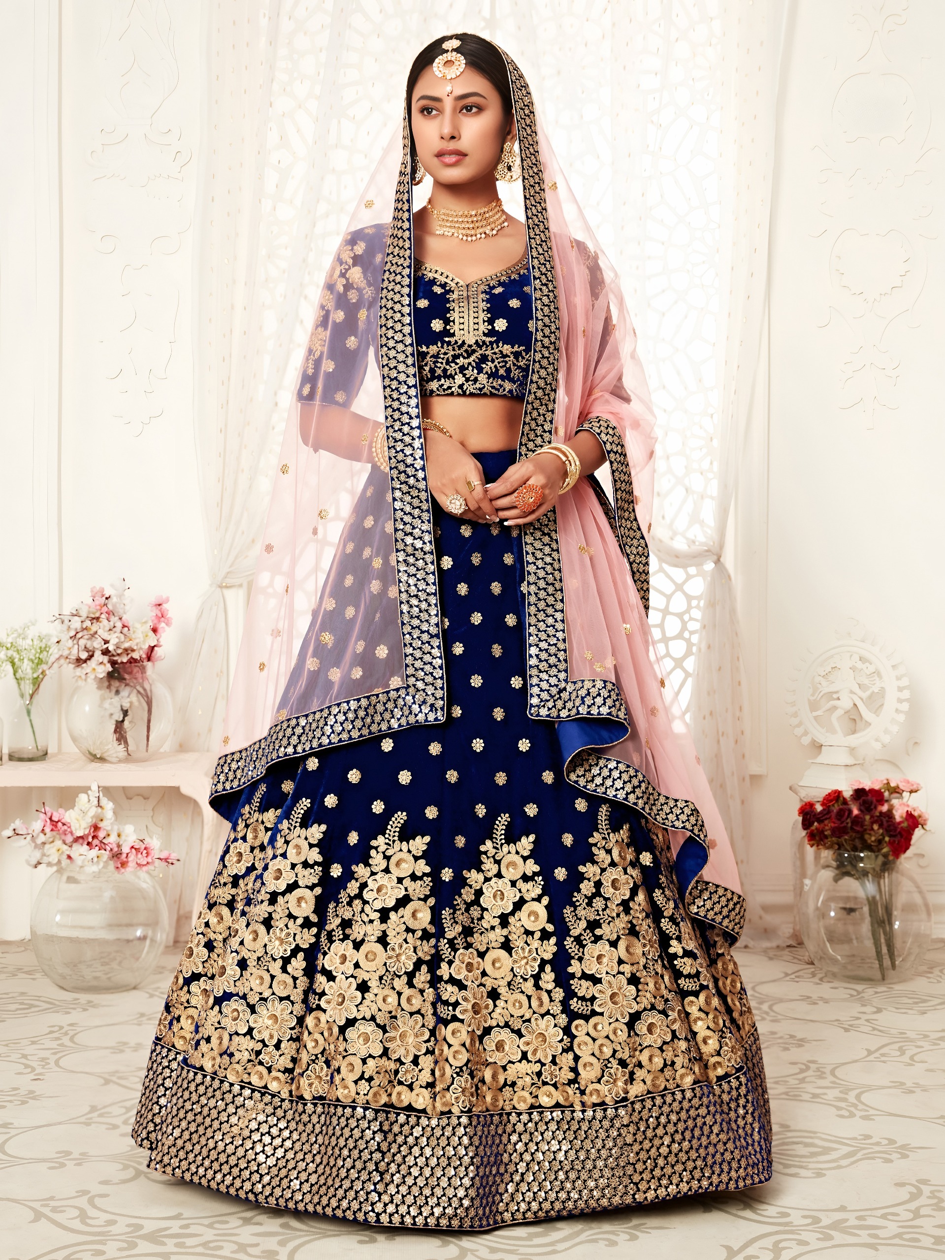 Royal Blue Velvet Bridal with Zari & Sequins Work Designer Lehenga Set