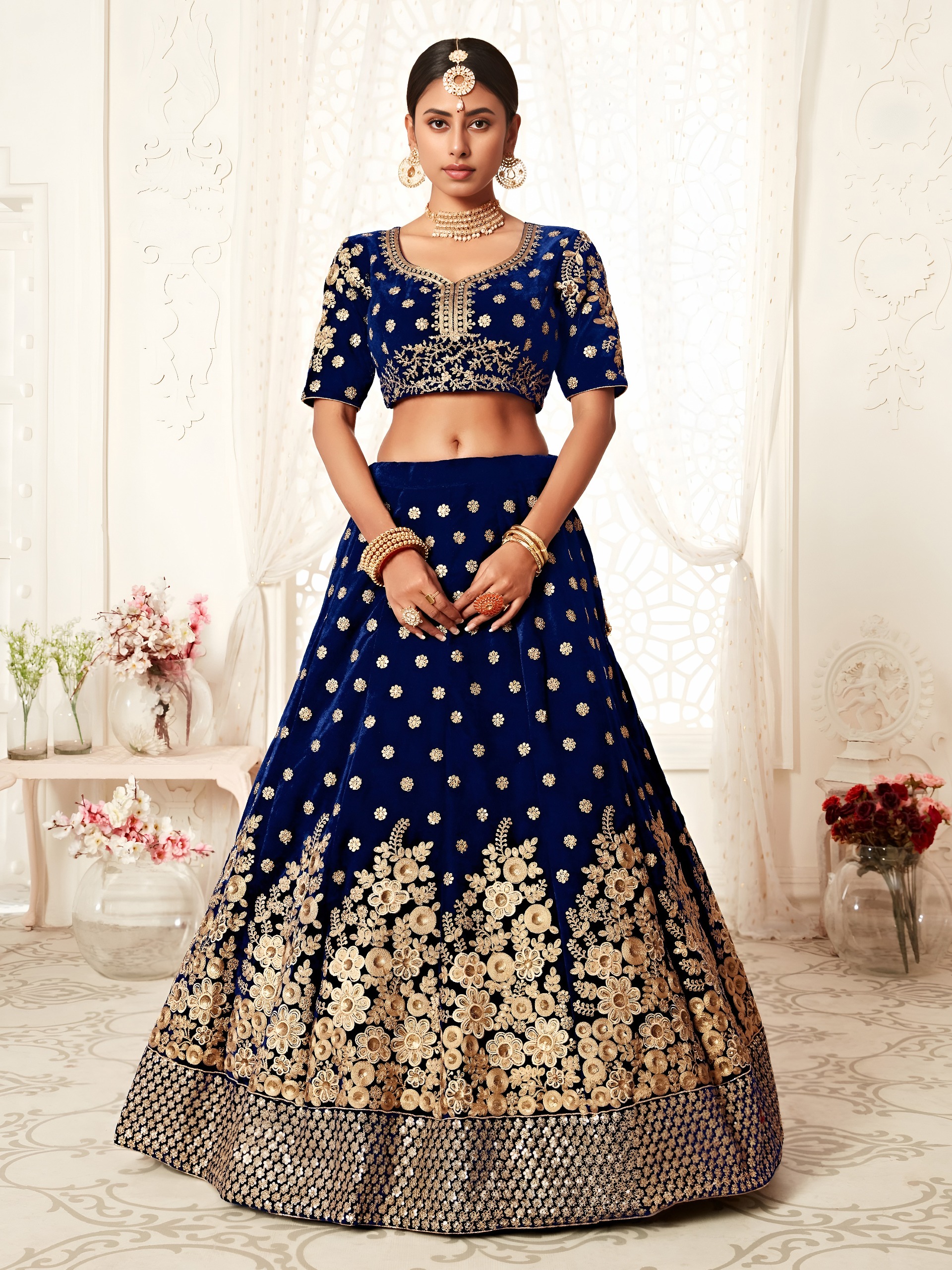 Royal Blue Velvet Bridal with Zari &amp; Sequins Work Designer Lehenga Set — Wholesale Readymade Suit, Zeel wholesale from Surat — view 2