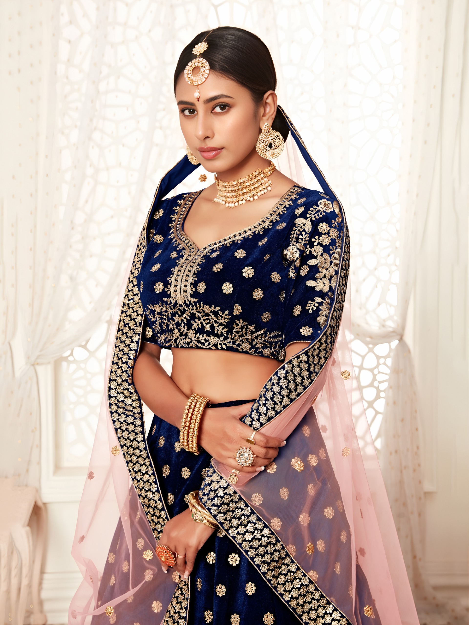 Royal Blue Velvet Bridal with Zari &amp; Sequins Work Designer Lehenga Set — Wholesale Readymade Suit, Zeel wholesale from Surat — view 4
