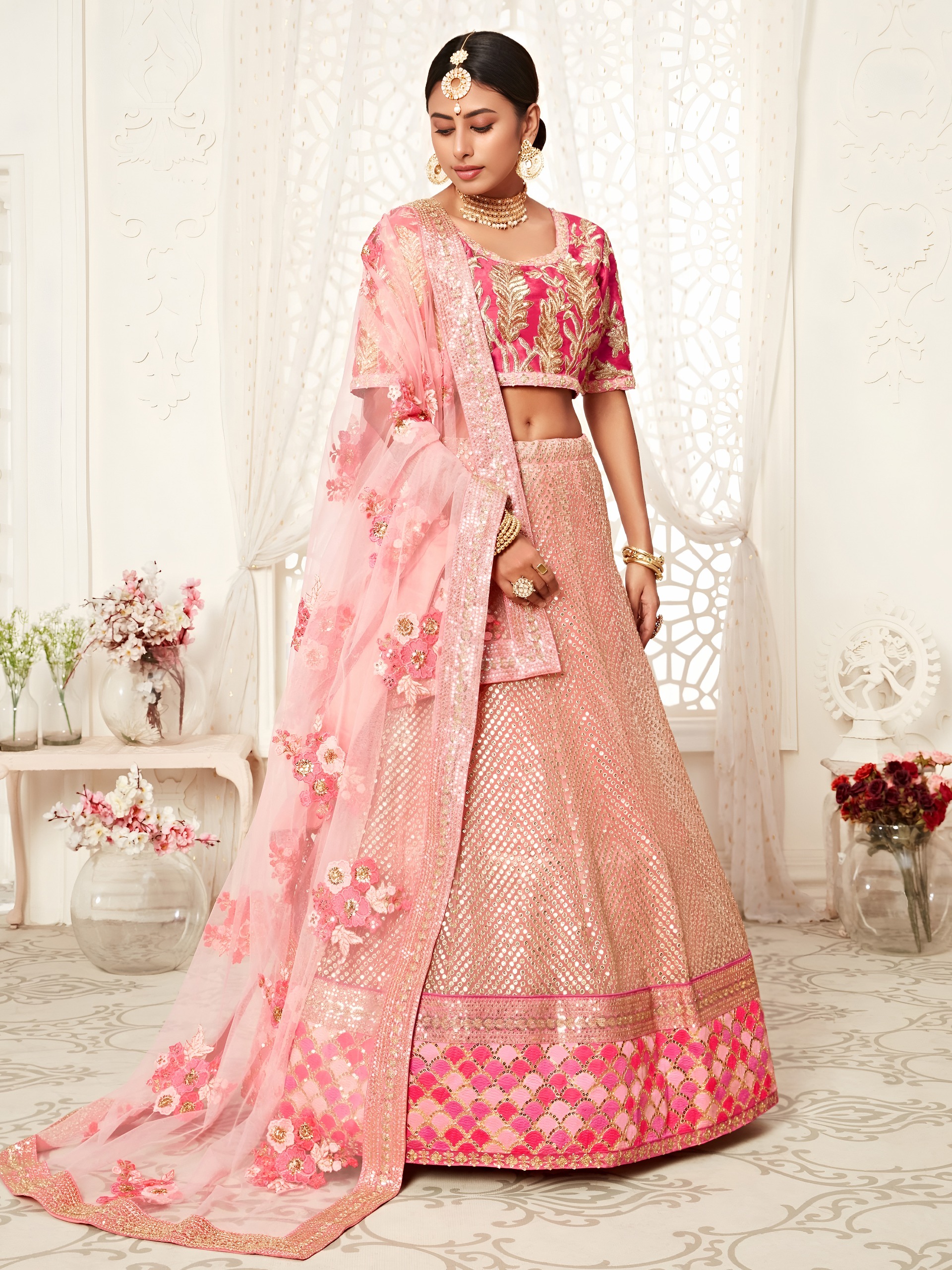 Blush Pink Soft Net Bridal with Zari & Sequins Work  Designer Wedding Lehenga Set
