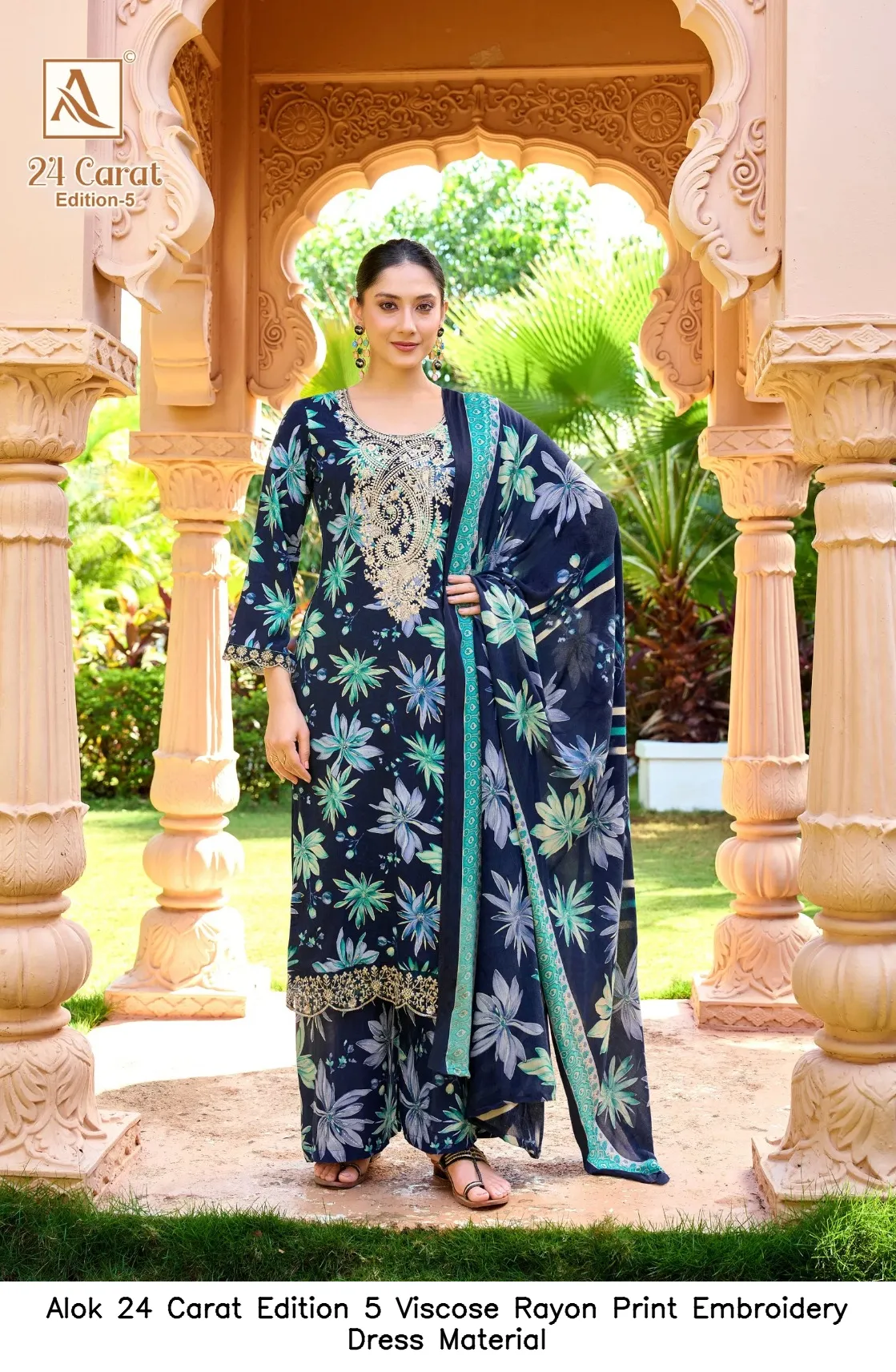 Alok 24 Carat Edition 5 Viscose Rayon Print Embroidery Dress Material — Wholesale Dress Material, Alok wholesale from Surat — view 6