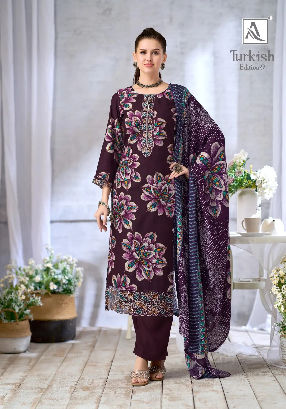 Alok Turkish Edition 9 Viscose Rayon Printed With Work Dress Material — Wholesale Dress Material, Alok wholesale from Surat — view 1