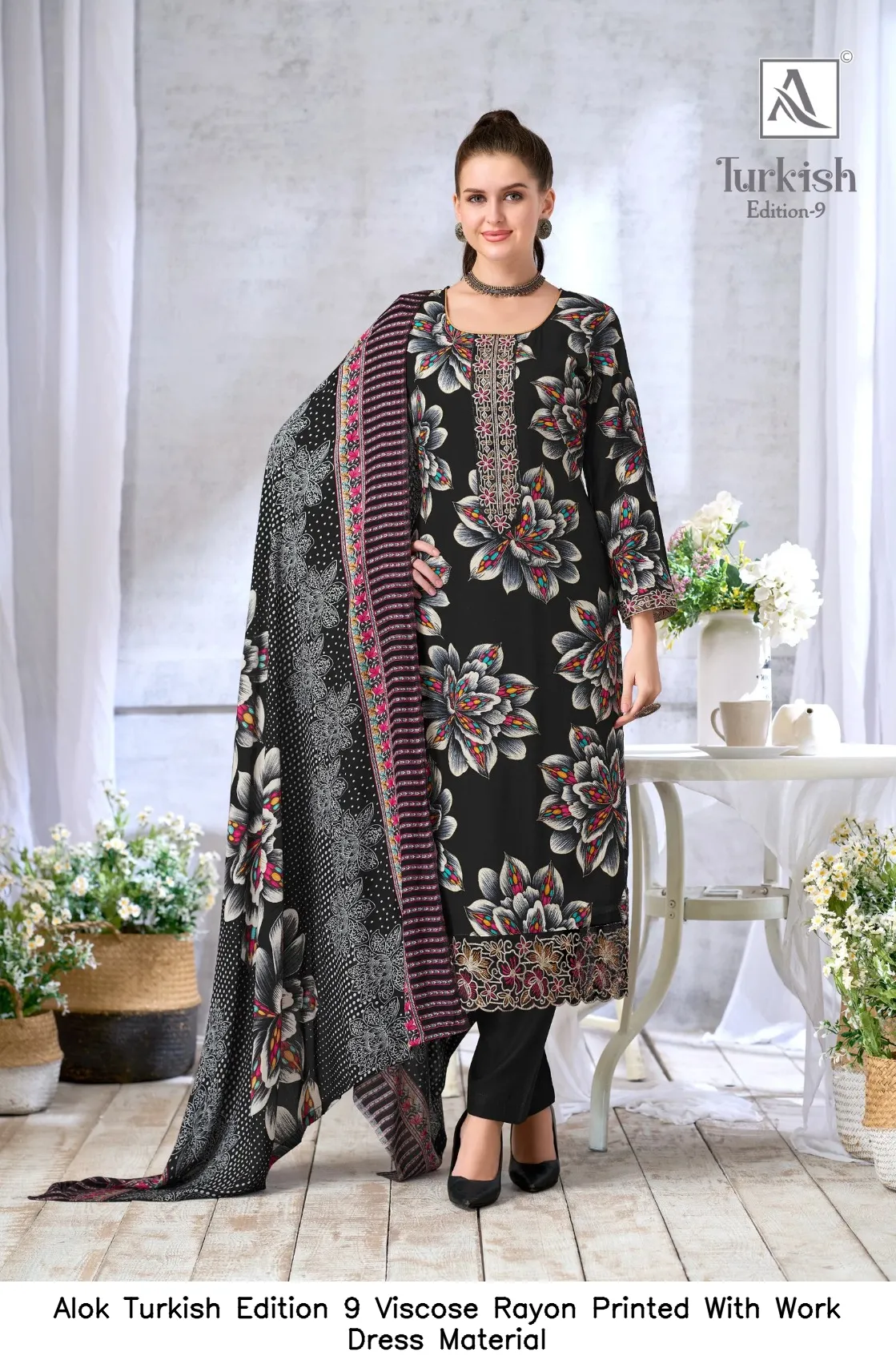Alok Turkish Edition 9 Viscose Rayon Printed With Work Dress Material — Wholesale Dress Material, Alok wholesale from Surat — view 2