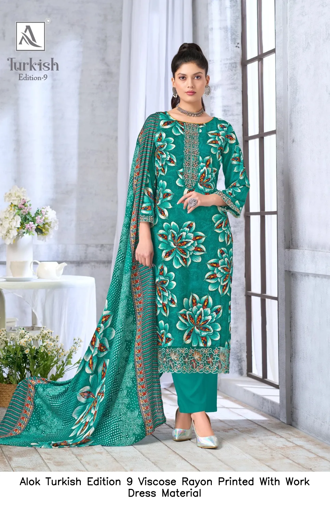 Alok Turkish Edition 9 Viscose Rayon Printed With Work Dress Material — Wholesale Dress Material, Alok wholesale from Surat — view 3