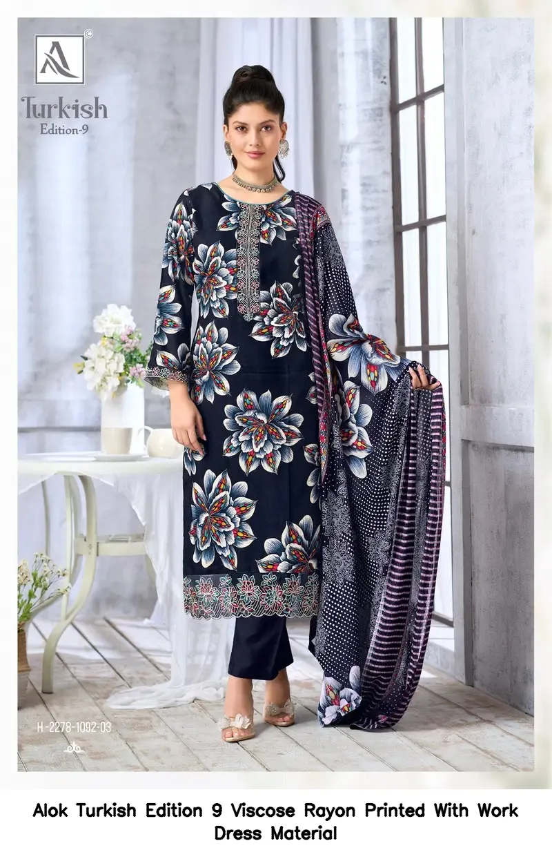 Alok Turkish Edition 9 Viscose Rayon Printed With Work Dress Material — Wholesale Dress Material, Alok wholesale from Surat — view 4