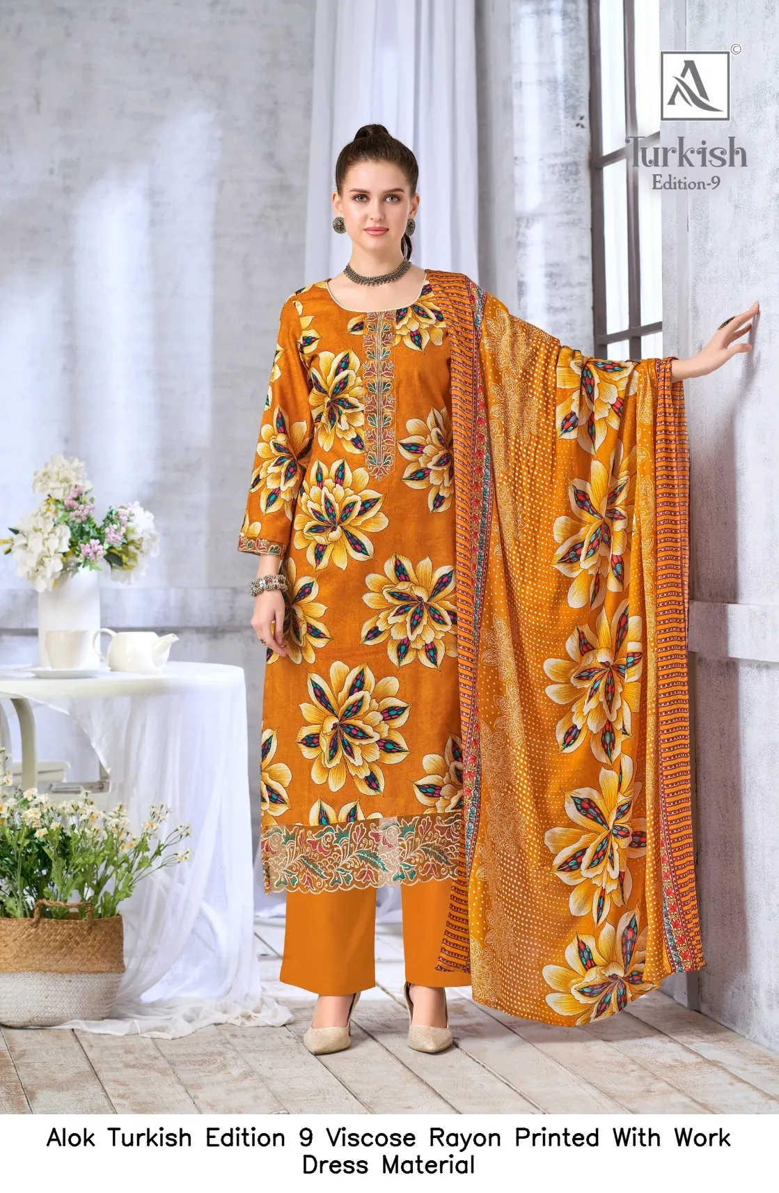 Alok Turkish Edition 9 Viscose Rayon Printed With Work Dress Material — Wholesale Dress Material, Alok wholesale from Surat — view 7