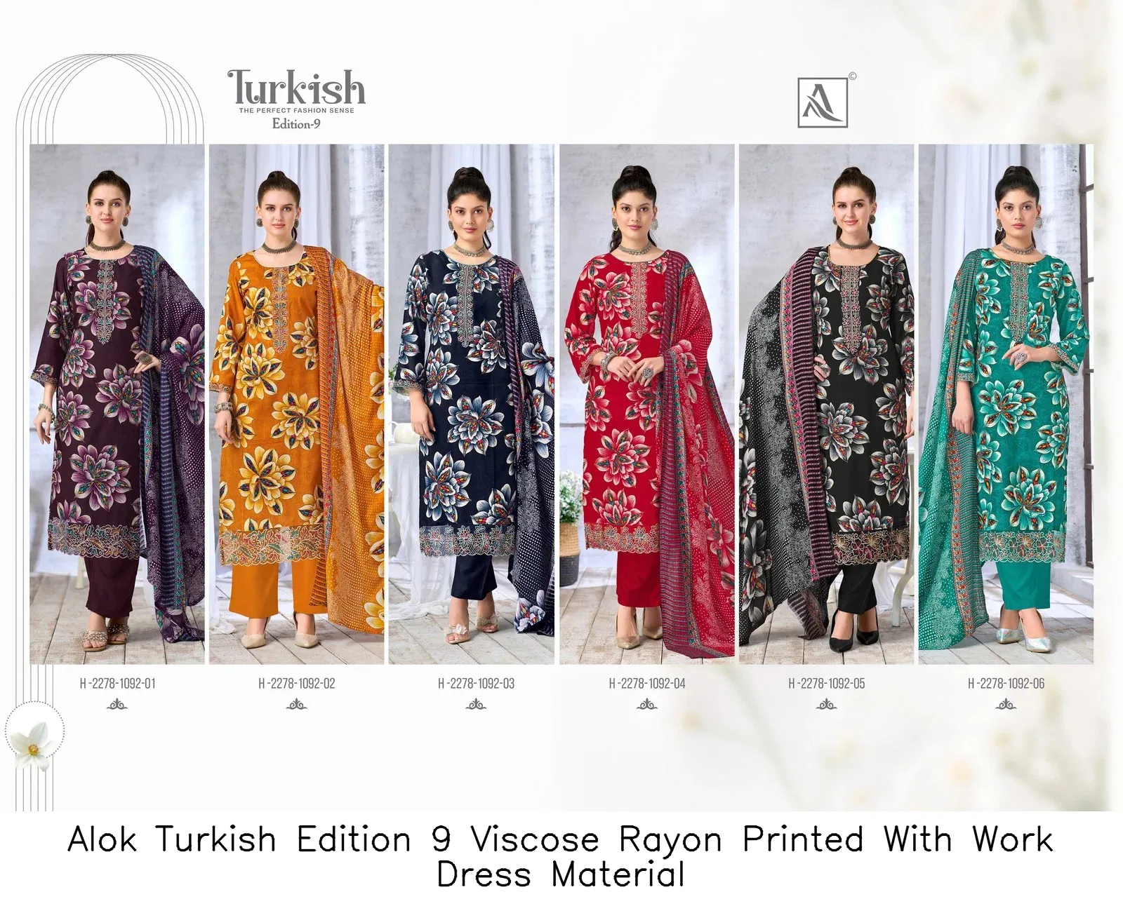 Alok Turkish Edition 9 Viscose Rayon Printed With Work Dress Material — Wholesale Dress Material, Alok wholesale from Surat — view 8