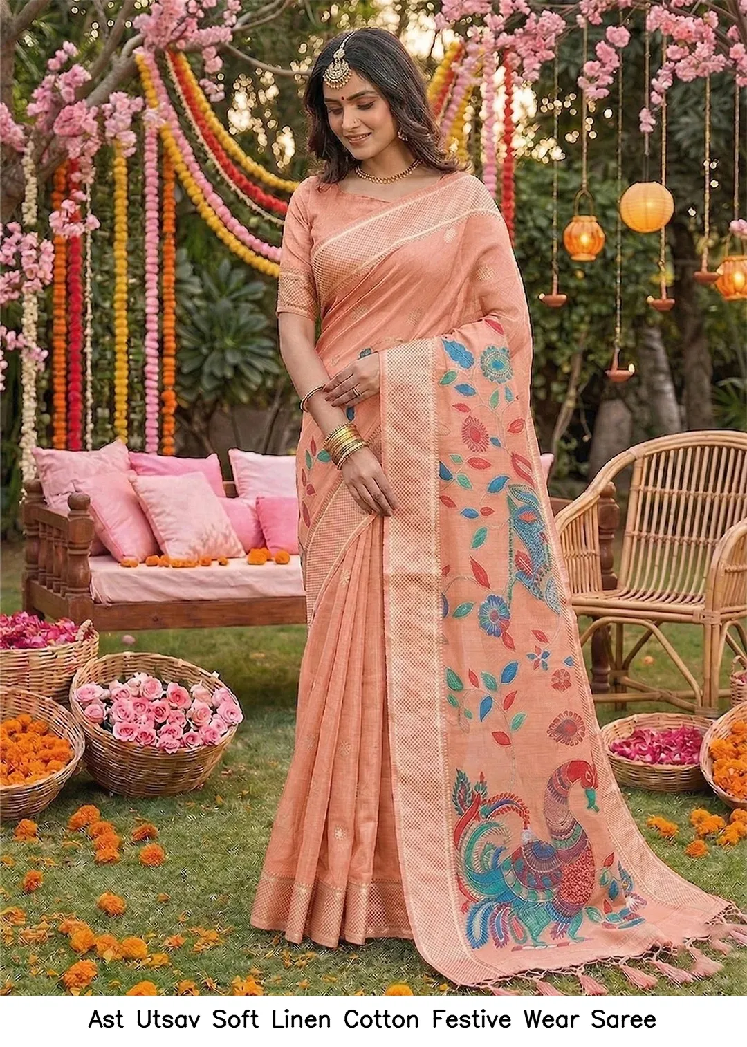 Ast Utsav Soft Linen Cotton Festive Wear Saree — Wholesale Sarees, Vardan Ethnic wholesale from Surat - Gallery Image 3