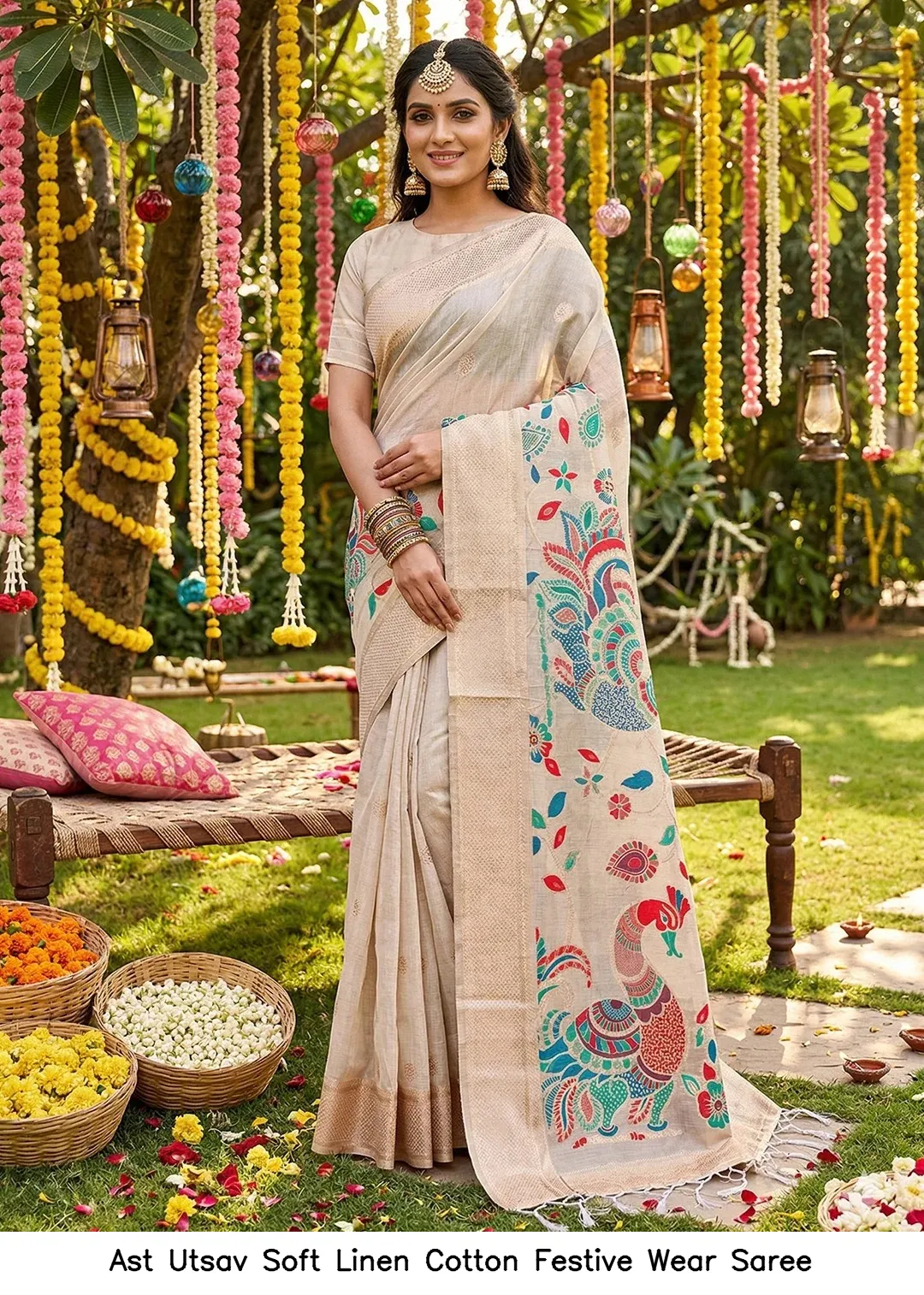 Ast Utsav Soft Linen Cotton Festive Wear Saree — Wholesale Sarees, Vardan Ethnic wholesale from Surat - Gallery Image 5