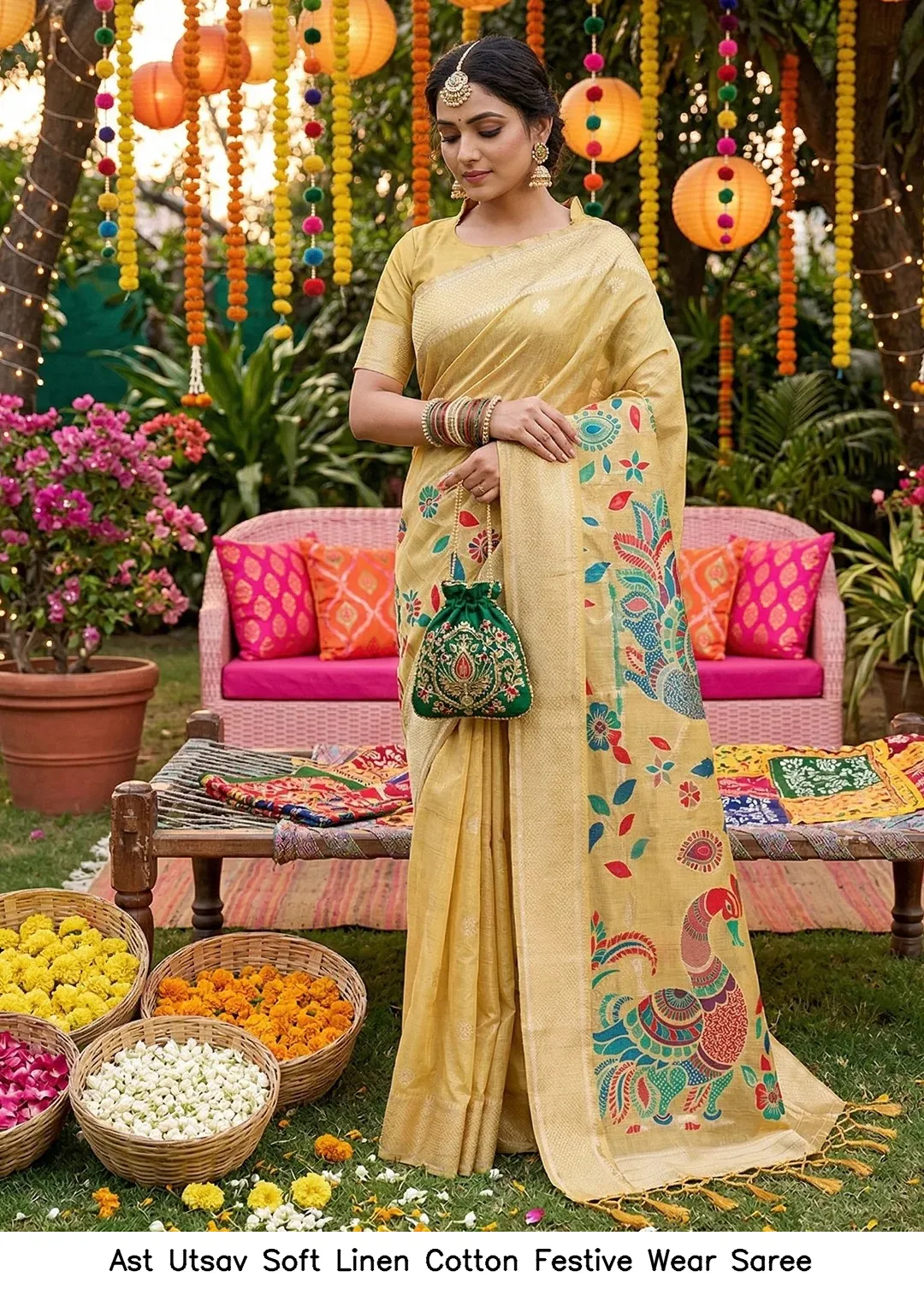 Ast Utsav Soft Linen Cotton Festive Wear Saree — Wholesale Sarees, Vardan Ethnic wholesale from Surat — view 7