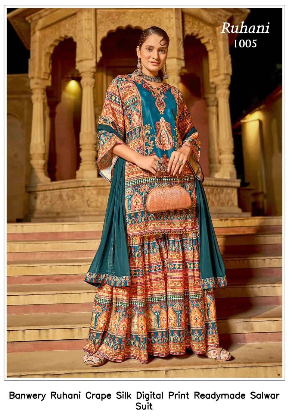 Banwery Ruhani Crape Silk Digital Print Readymade Salwar Suit — Wholesale Readymade Pakistani Suits, Banwery wholesale from Surat - Gallery Image 4