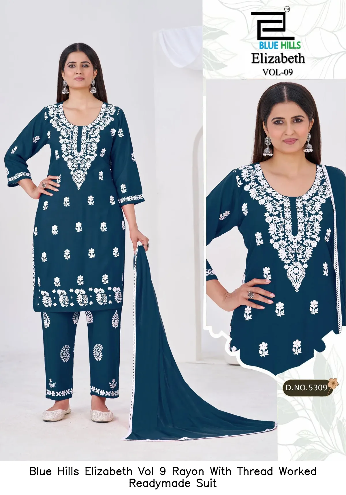 Blue Hills Elizabeth Vol 9 Rayon With Thread Worked Readymade Suit — Wholesale Kurti With Bottom Dupatta, Blue Hills wholesale from Surat - Gallery Image 2