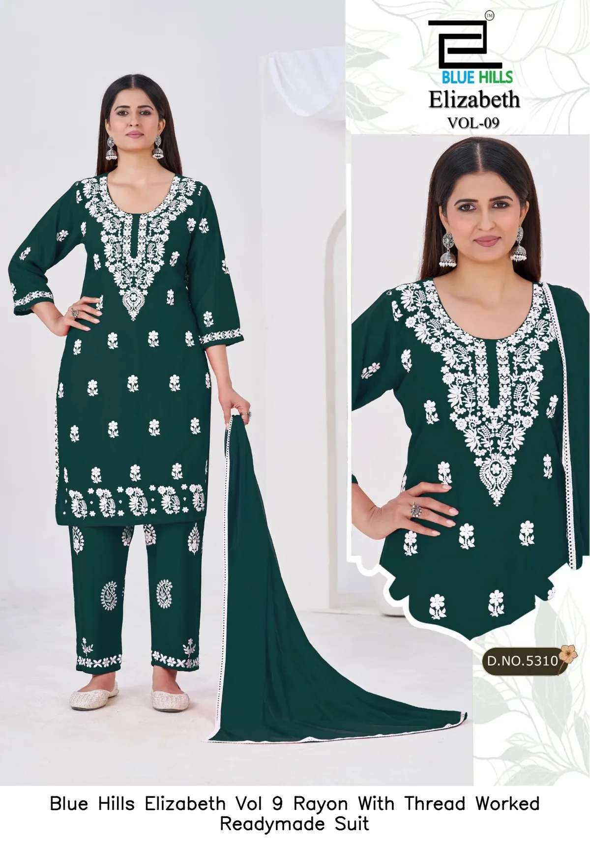 Blue Hills Elizabeth Vol 9 Rayon With Thread Worked Readymade Suit — Wholesale Kurti With Bottom Dupatta, Blue Hills wholesale from Surat - Gallery Image 3