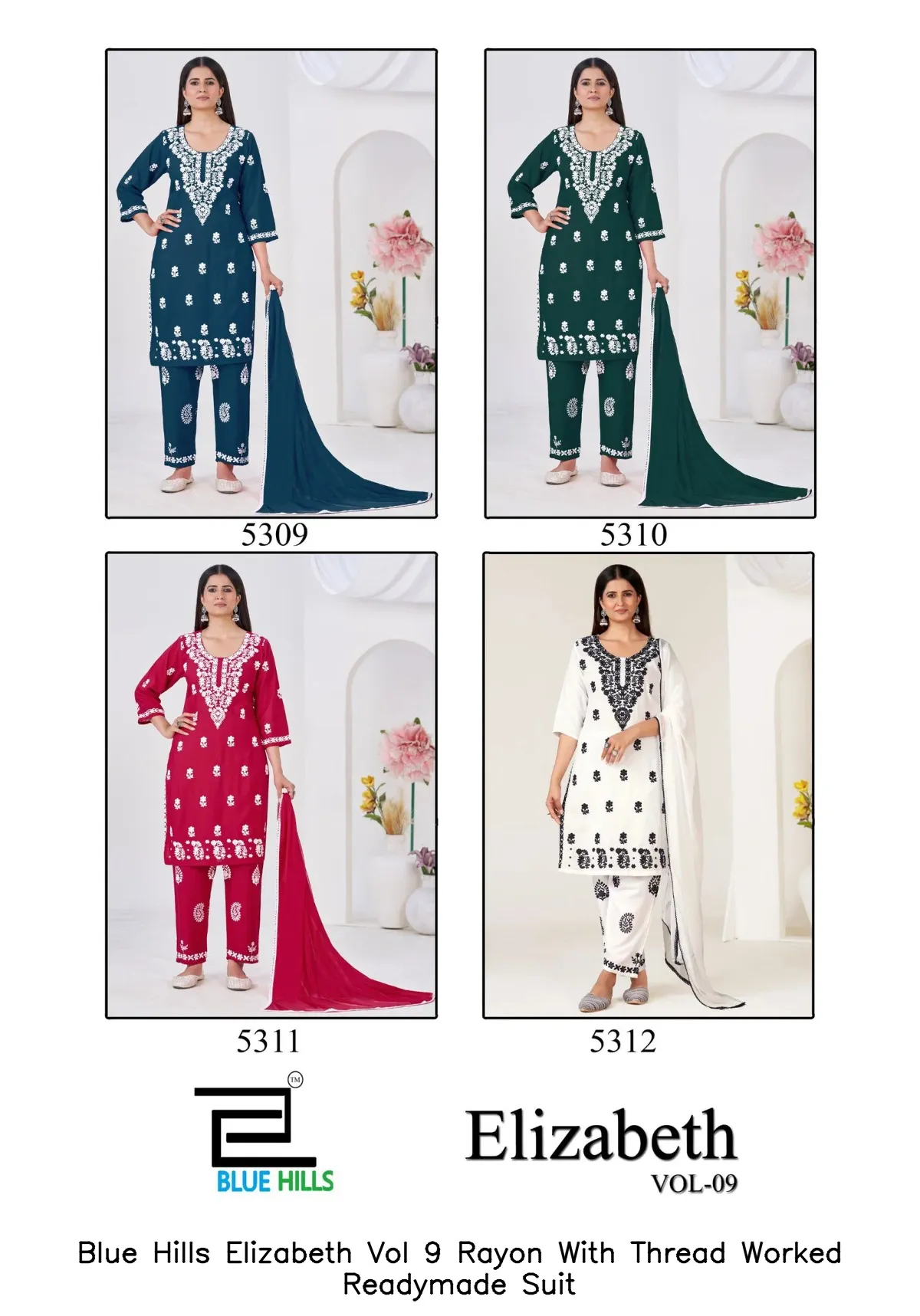 Blue Hills Elizabeth Vol 9 Rayon With Thread Worked Readymade Suit — Wholesale Kurti With Bottom Dupatta, Blue Hills wholesale from Surat - Gallery Image 4