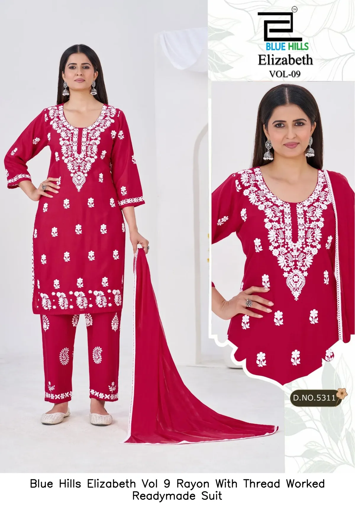 Blue Hills Elizabeth Vol 9 Rayon With Thread Worked Readymade Suit — Wholesale Kurti With Bottom Dupatta, Blue Hills wholesale from Surat — view 5