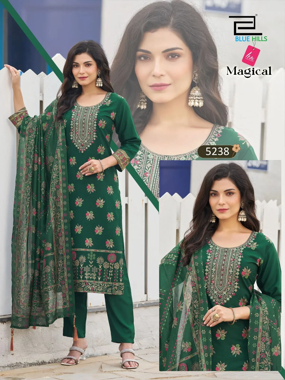 Blue Hills Magical Rayon Thread Worked Kurti With Bottom Dupatta Set