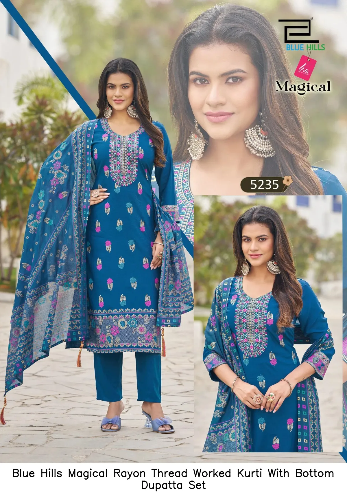 Blue Hills Magical Rayon Thread Worked Kurti With Bottom Dupatta Set — Wholesale Readymade Suit, Blue Hills wholesale from Surat - Gallery Image 3
