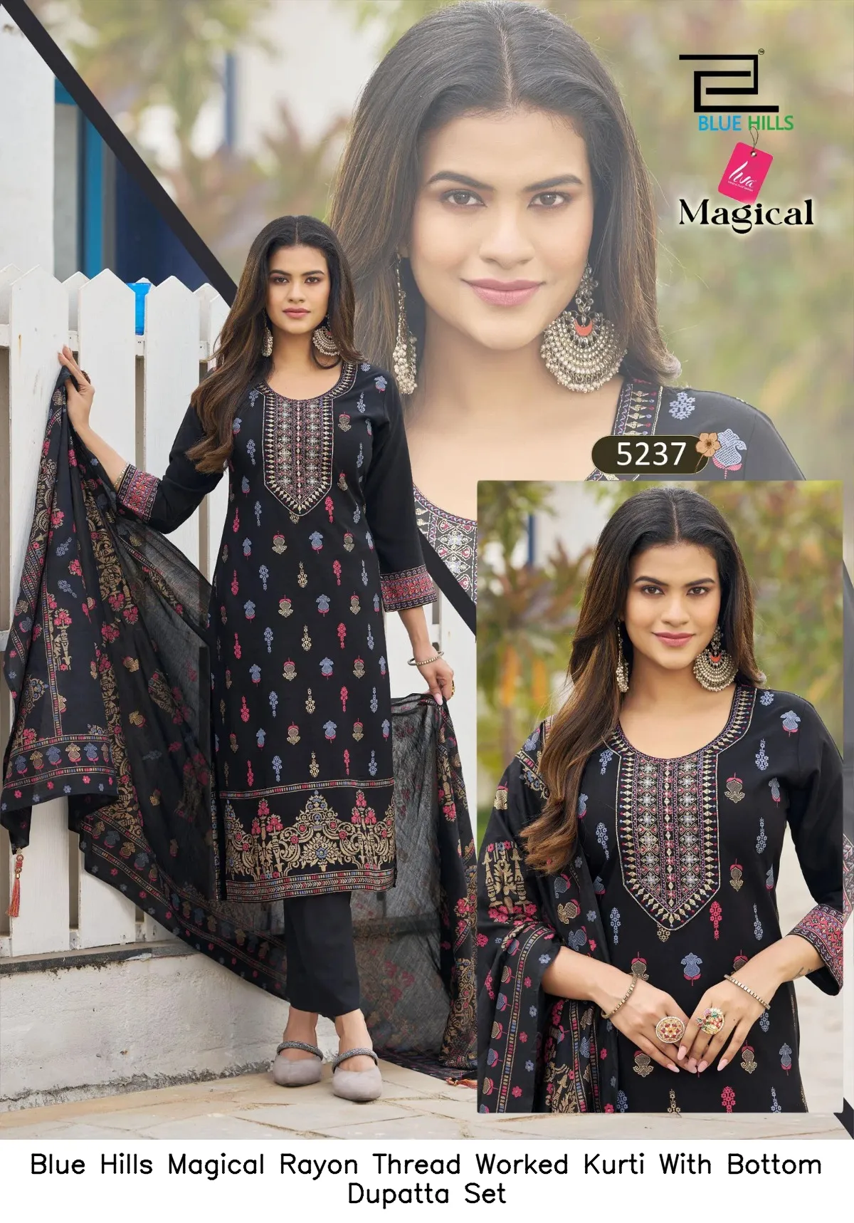 Blue Hills Magical Rayon Thread Worked Kurti With Bottom Dupatta Set — Wholesale Readymade Suit, Blue Hills wholesale from Surat - Gallery Image 4
