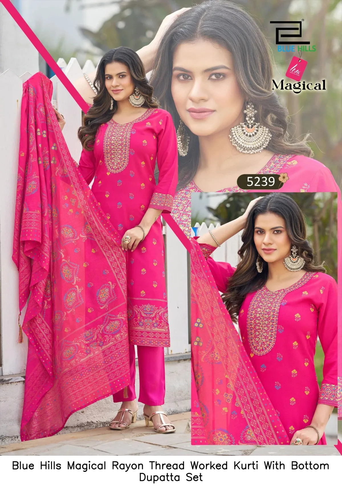 Blue Hills Magical Rayon Thread Worked Kurti With Bottom Dupatta Set — Wholesale Readymade Suit, Blue Hills wholesale from Surat - Gallery Image 5